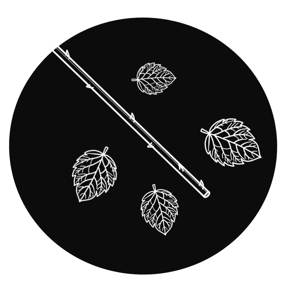 White leaf and twig illustrations on a black circular background