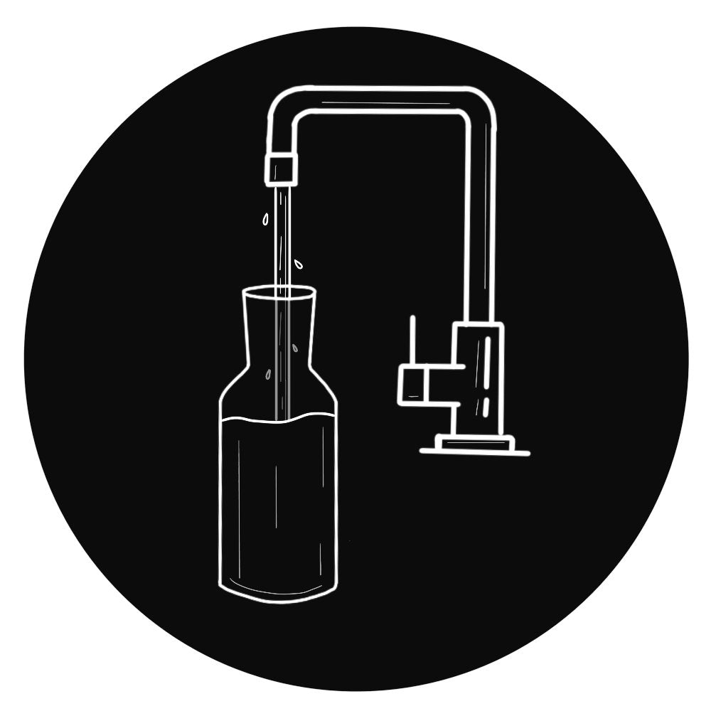 Outline of a faucet pouring water into a bottle on a black background