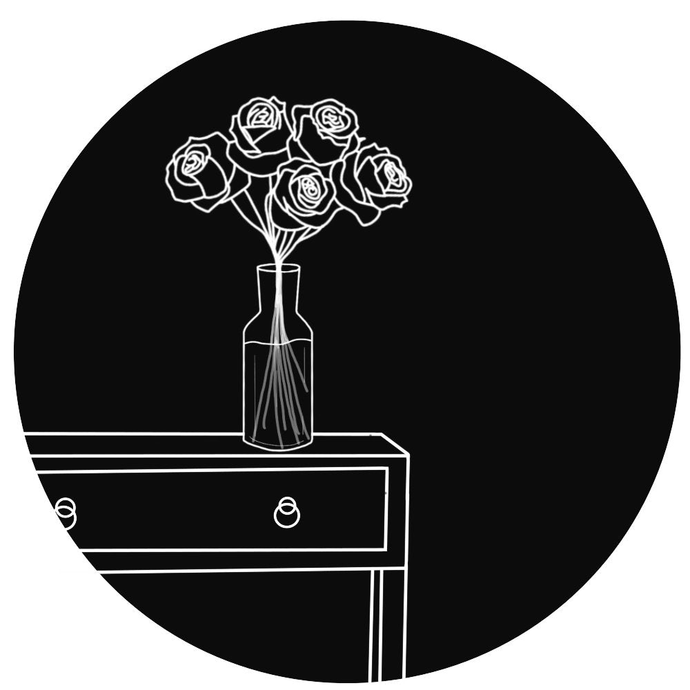 White line drawing of a vase with roses on a dresser against a black background