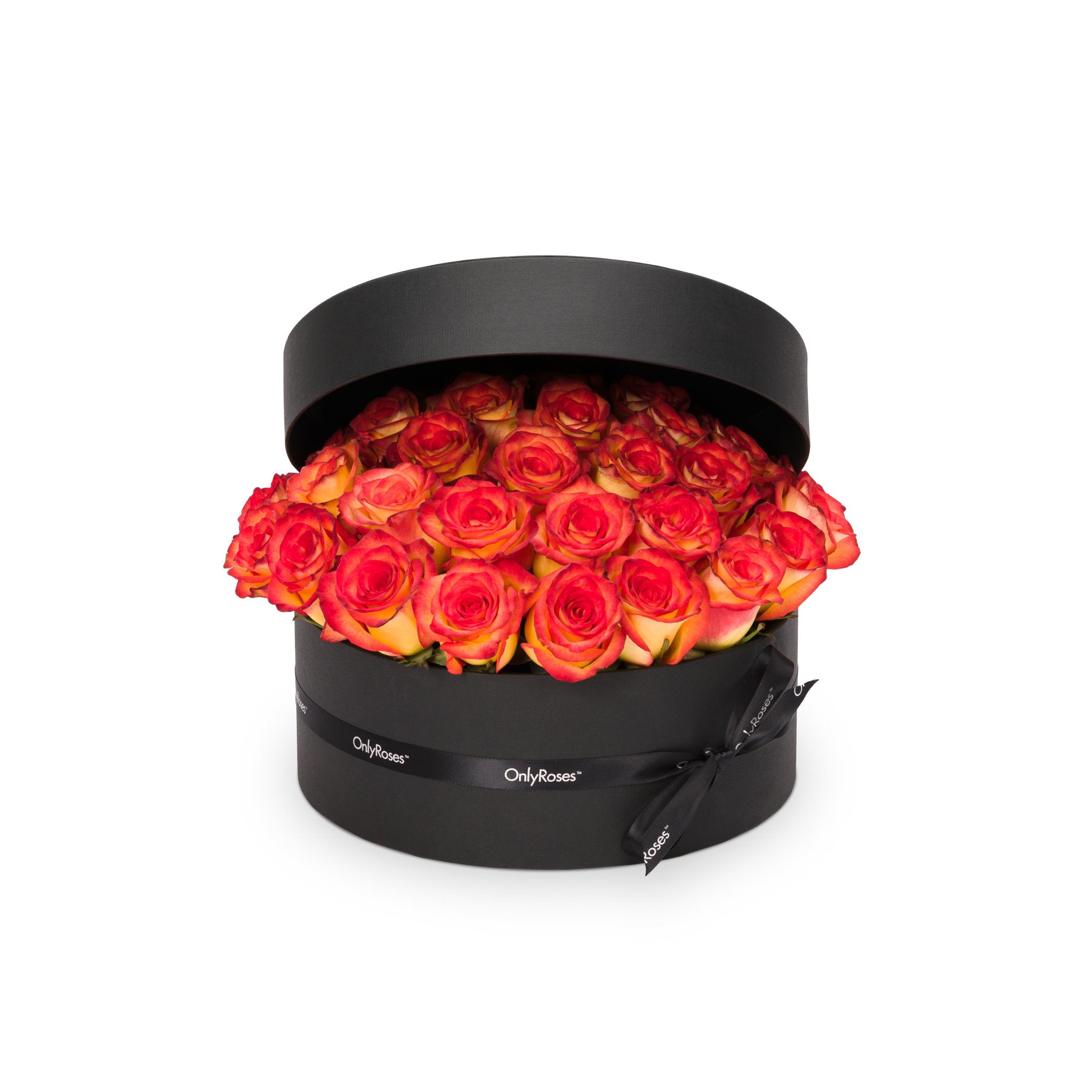 Black box with red and orange roses on a white background