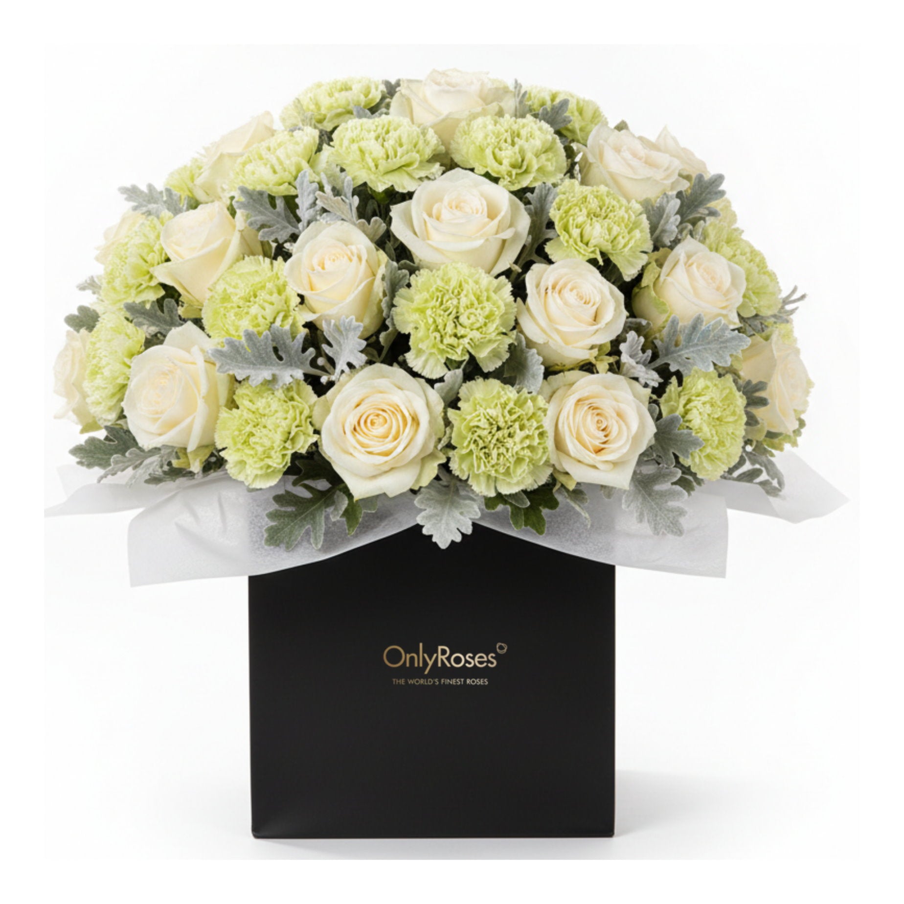 Bouquet of green and white flowers in a black box with 'OnlyRoses' branding on a white background