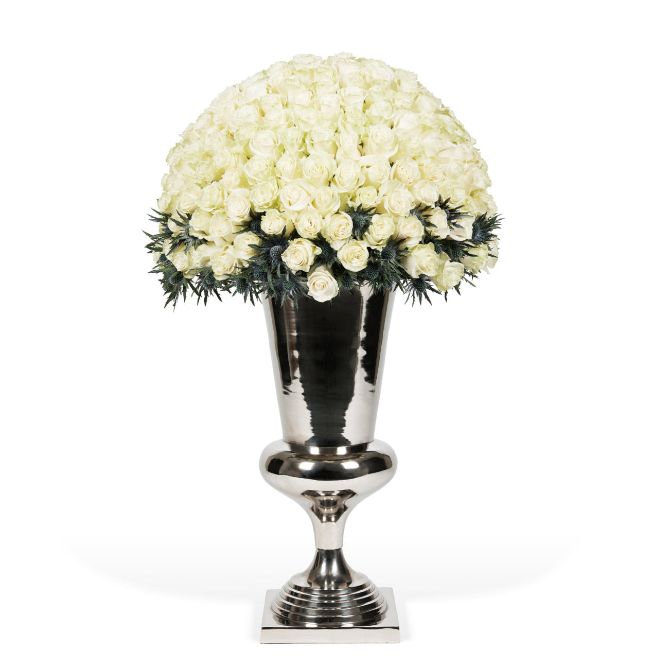 Silver urn with a large arrangement of white roses on a white background