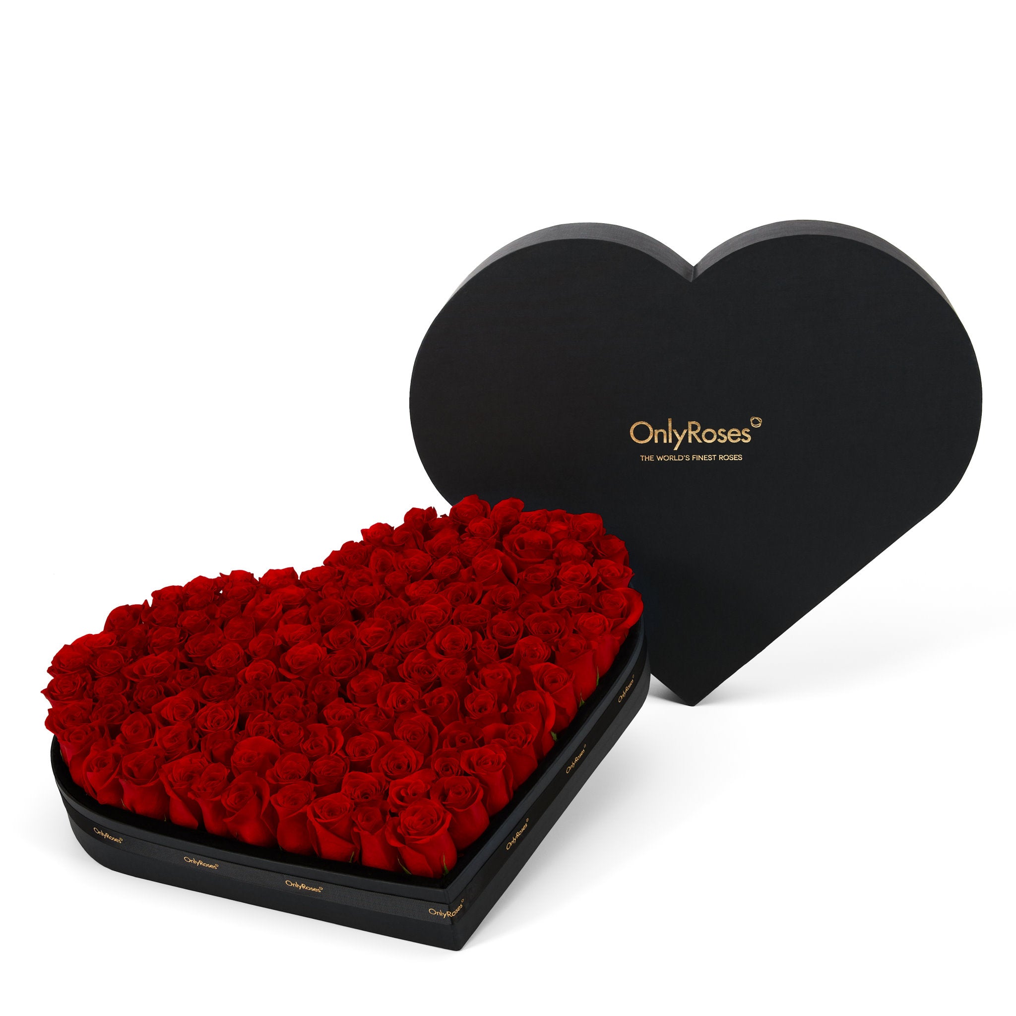 Heart-shaped box of red roses with 'OnlyRoses' branding on a white background L Size