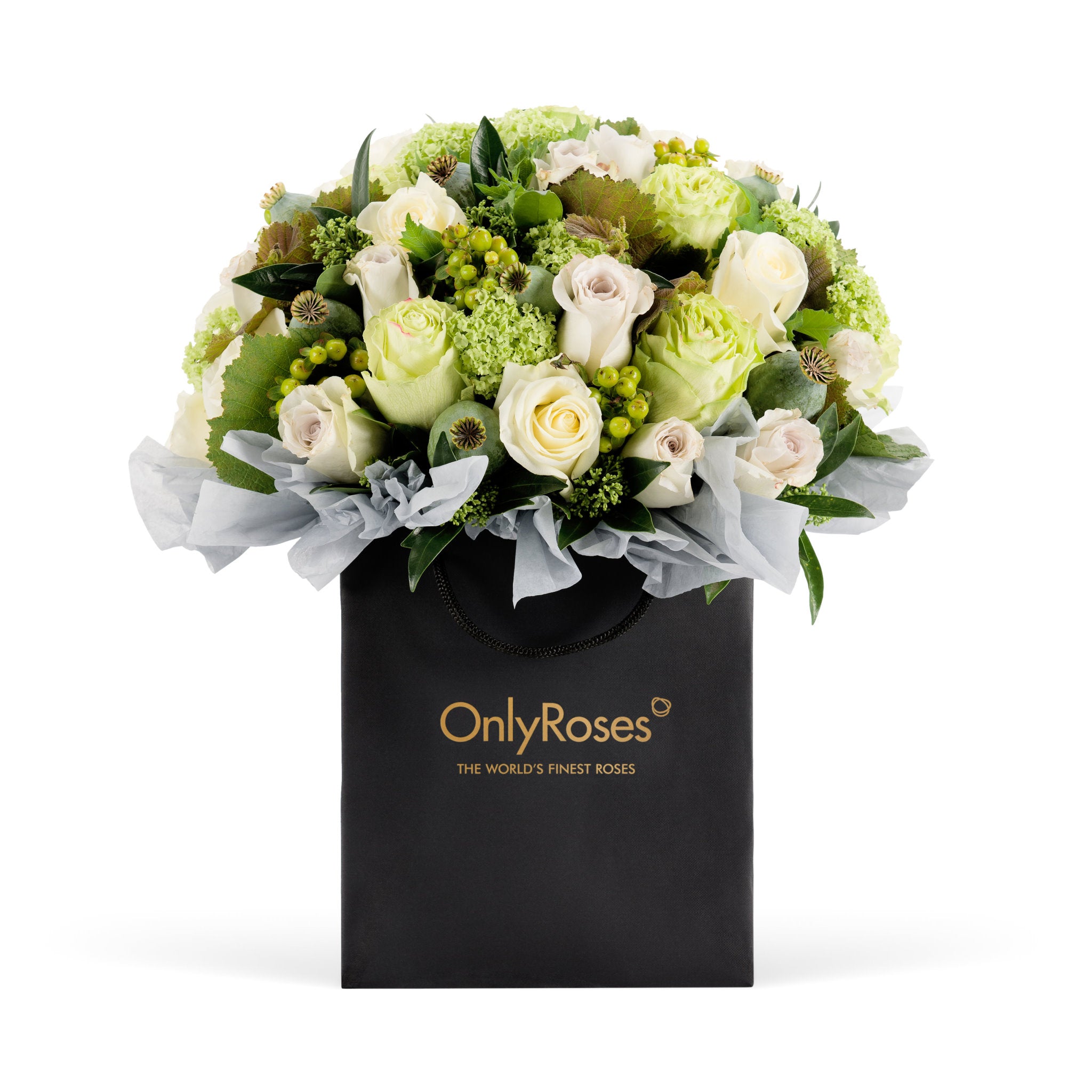 Floral arrangement in a black 'Only Roses' bag on a white background