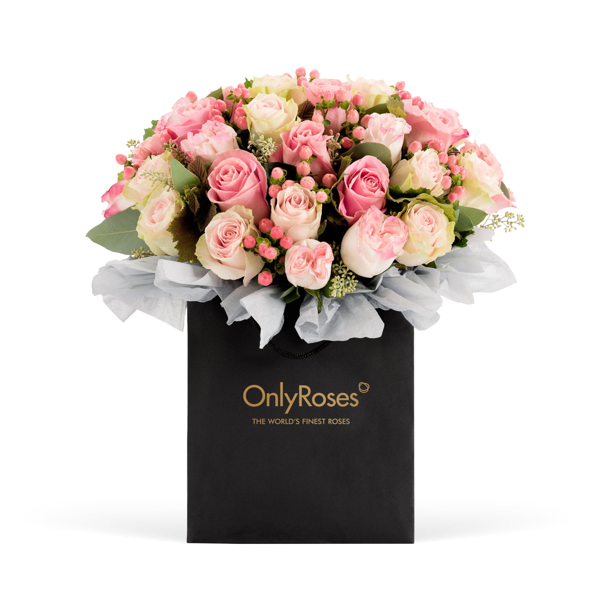 Bouquet of pink and white roses in a black 'Only Roses' box on a white background