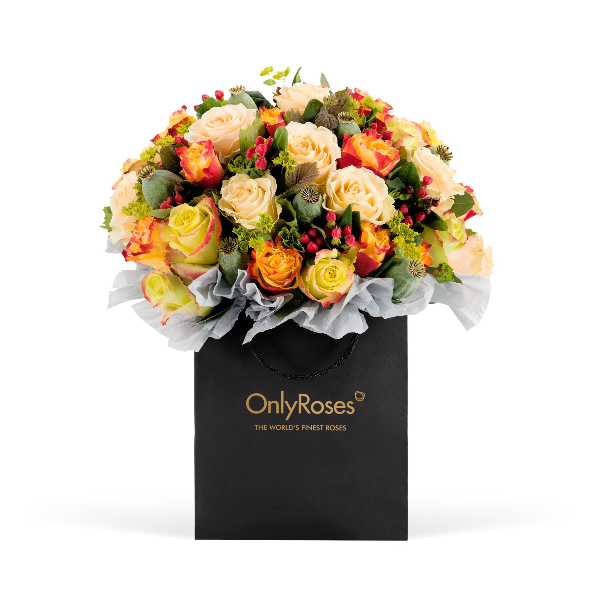 Colorful bouquet of flowers in a black 'Only Roses' bag on a white background