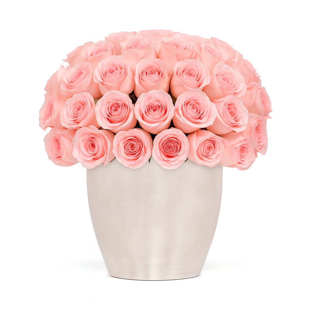 Bouquet of pink roses in a white vase on a white background