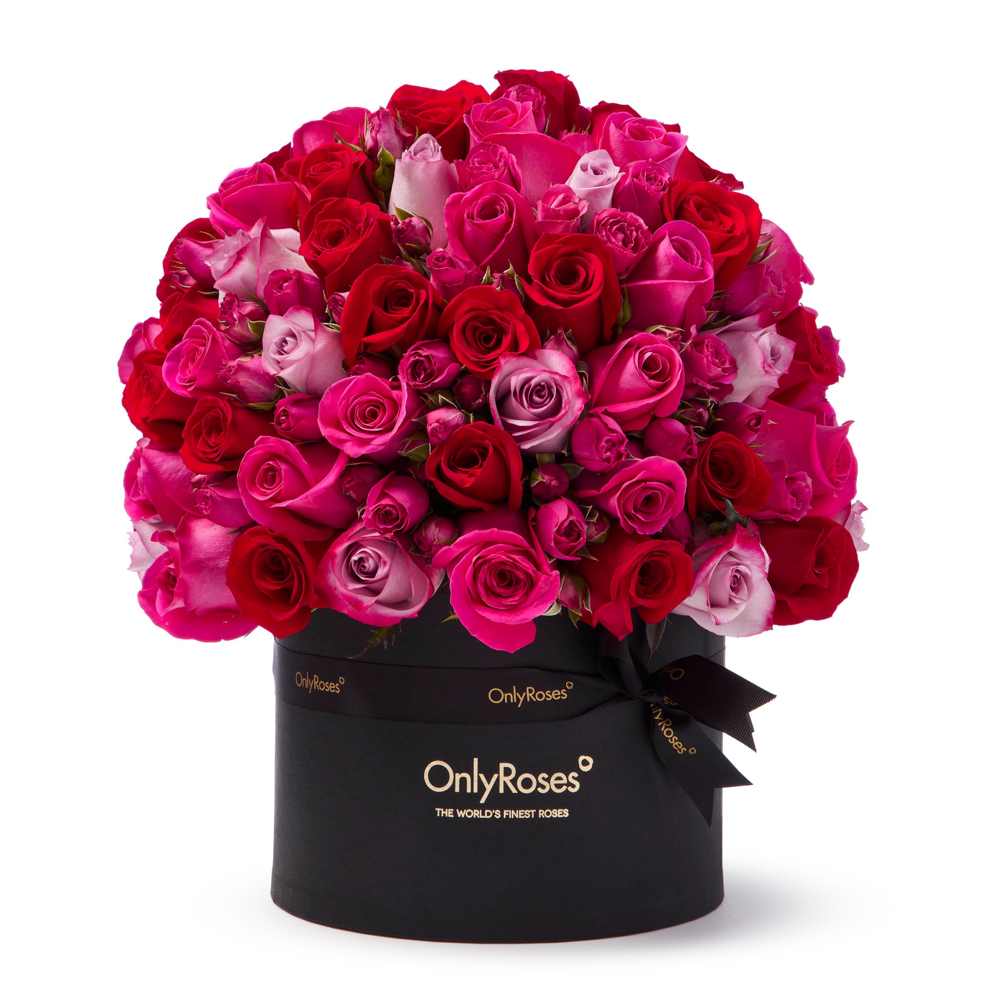 Assorted pink and red roses in a black box with 'Only Roses' branding on a white background.