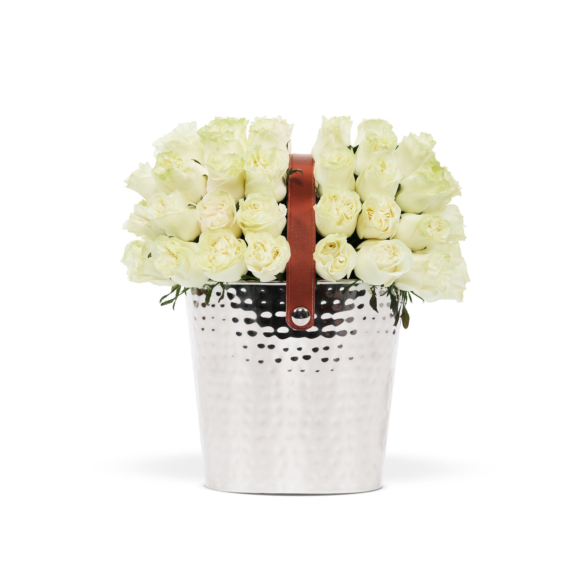 Silver bucket with white flowers and a brown leather strap on a white background