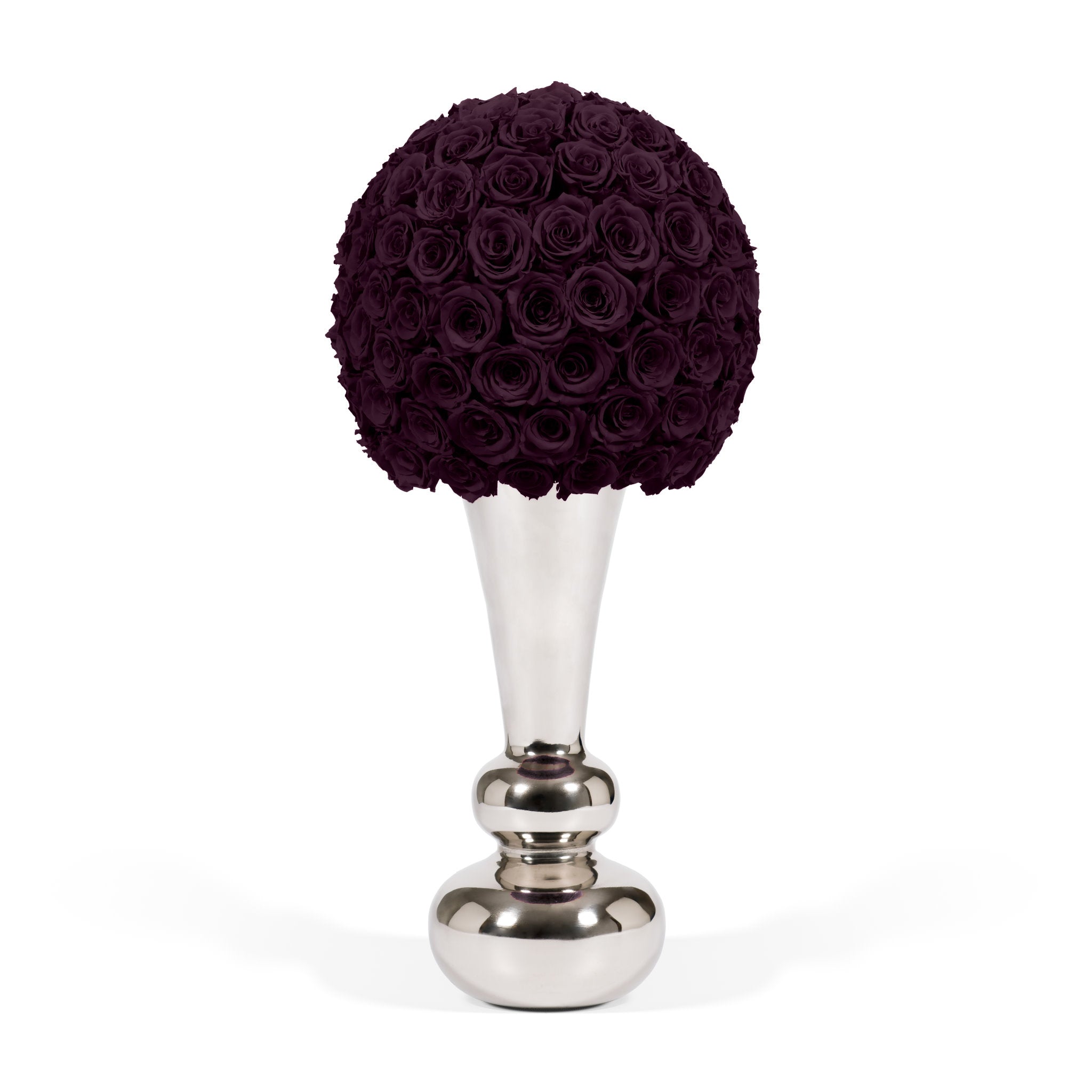 Decorative vase with dark purple roses on a white background