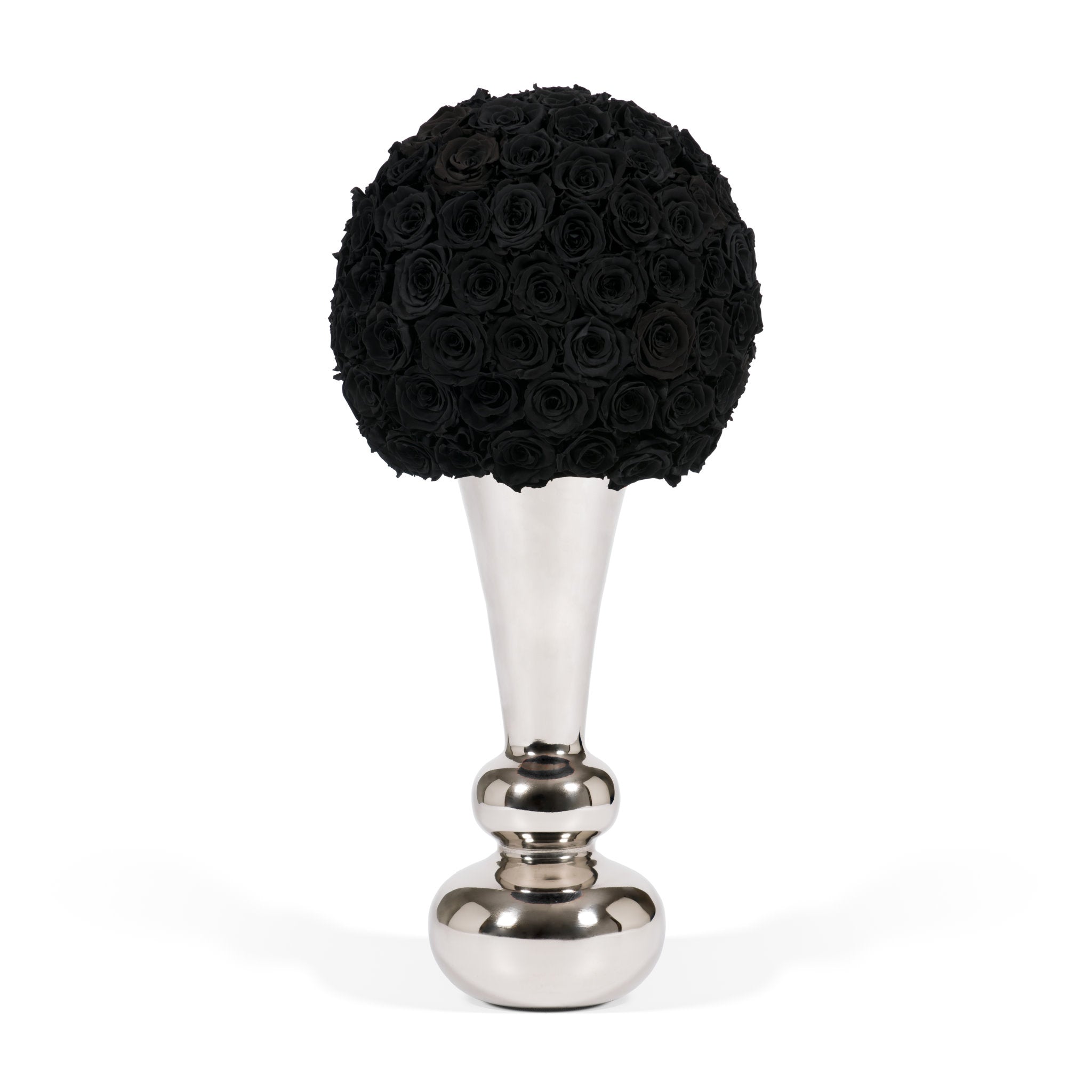 Decorative object with black rose ball on a silver stand against a white background