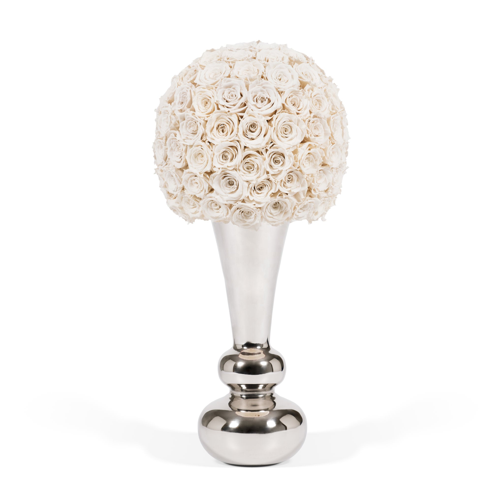 Decorative vase with white rose ball and silver base on a white background