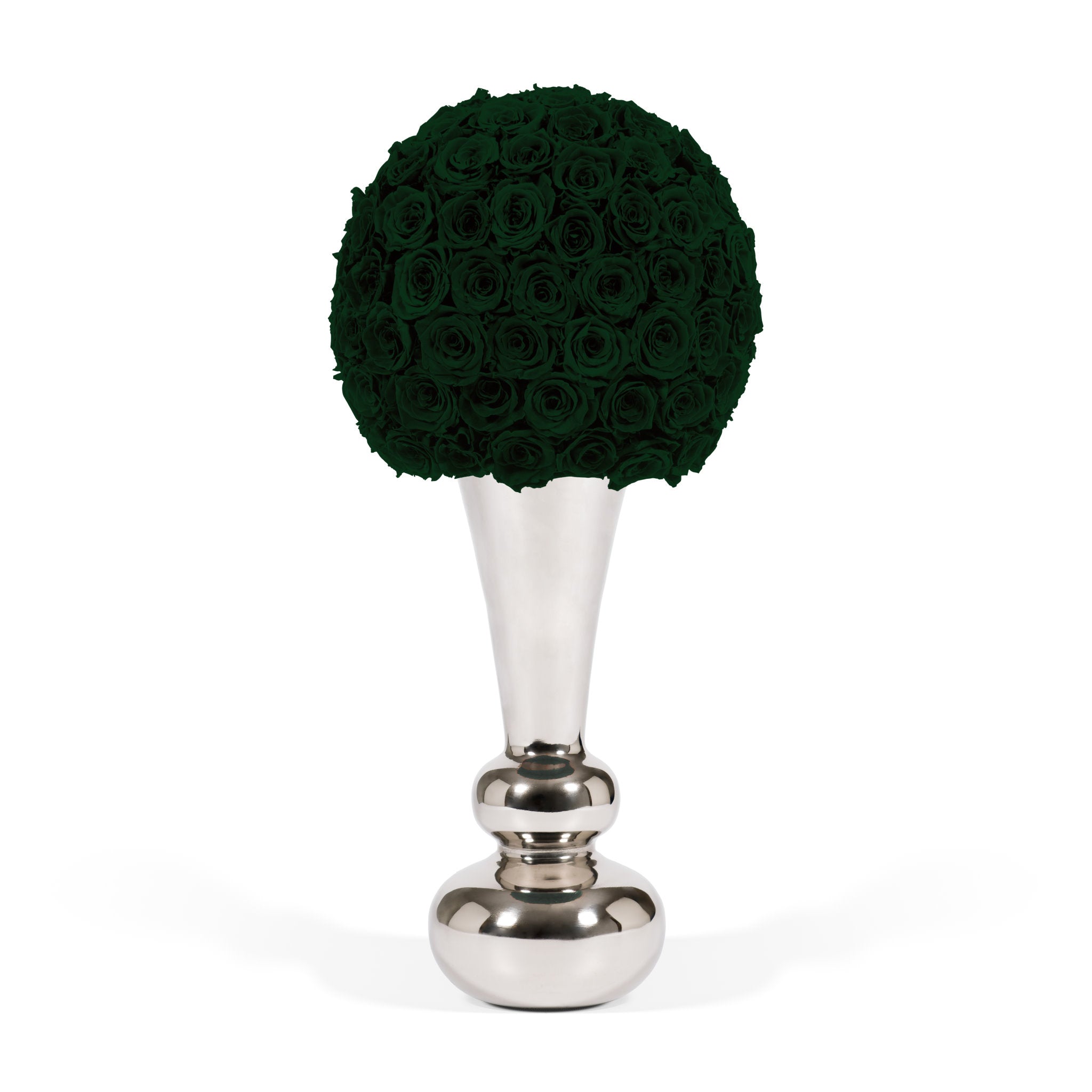 Decorative topiary ball made of dark green roses on a silver stand against a white background