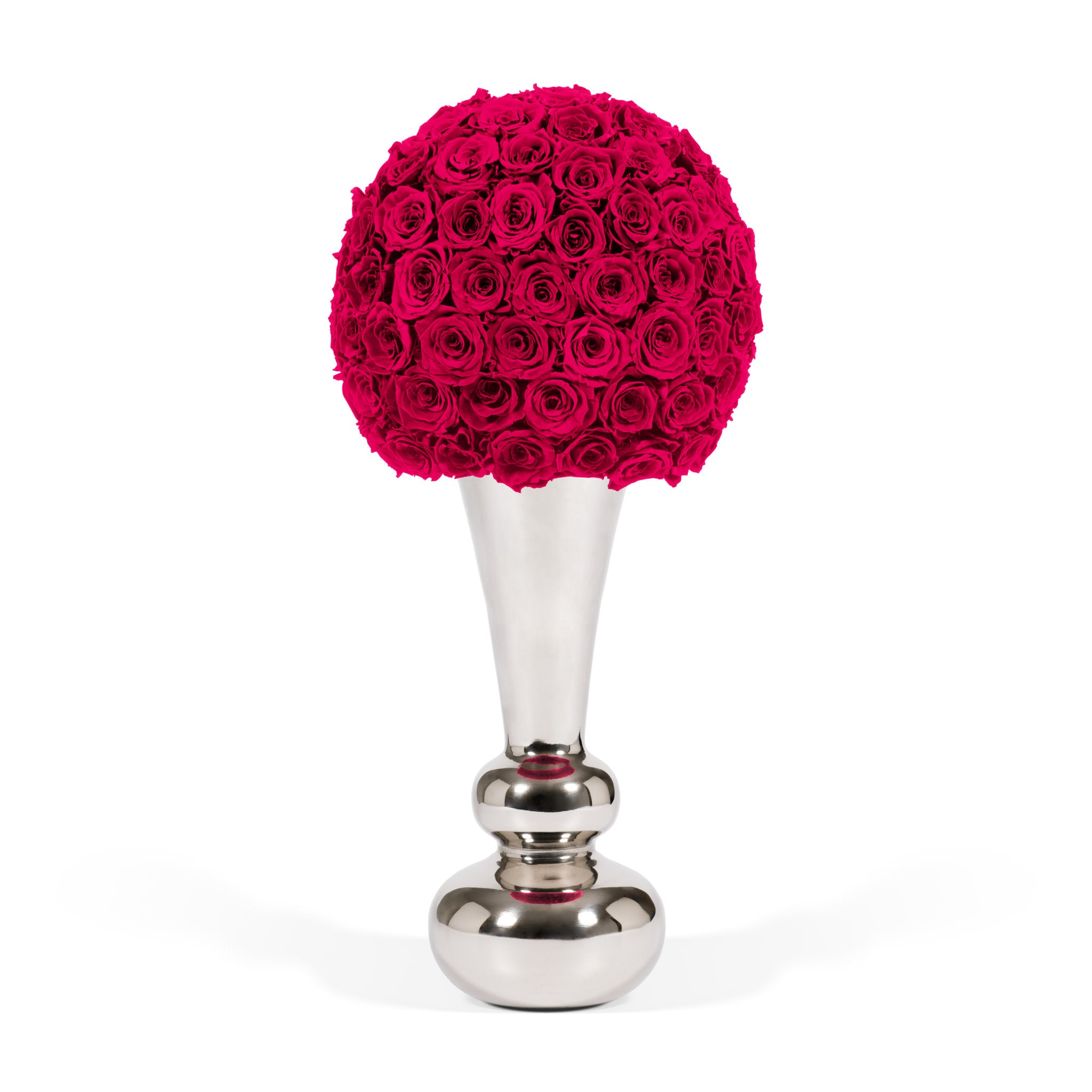 Decorative vase with pink rose ball on a white background