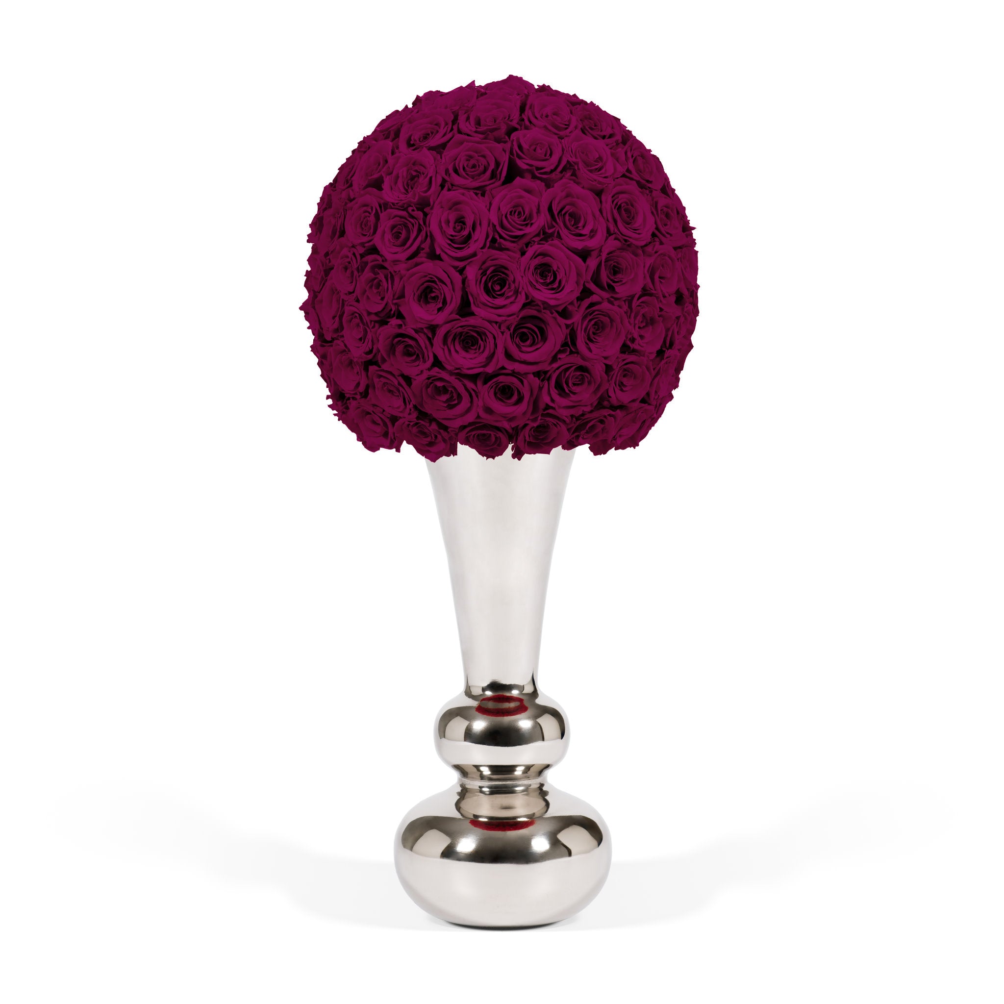 Decorative vase with a ball of red roses on a white background