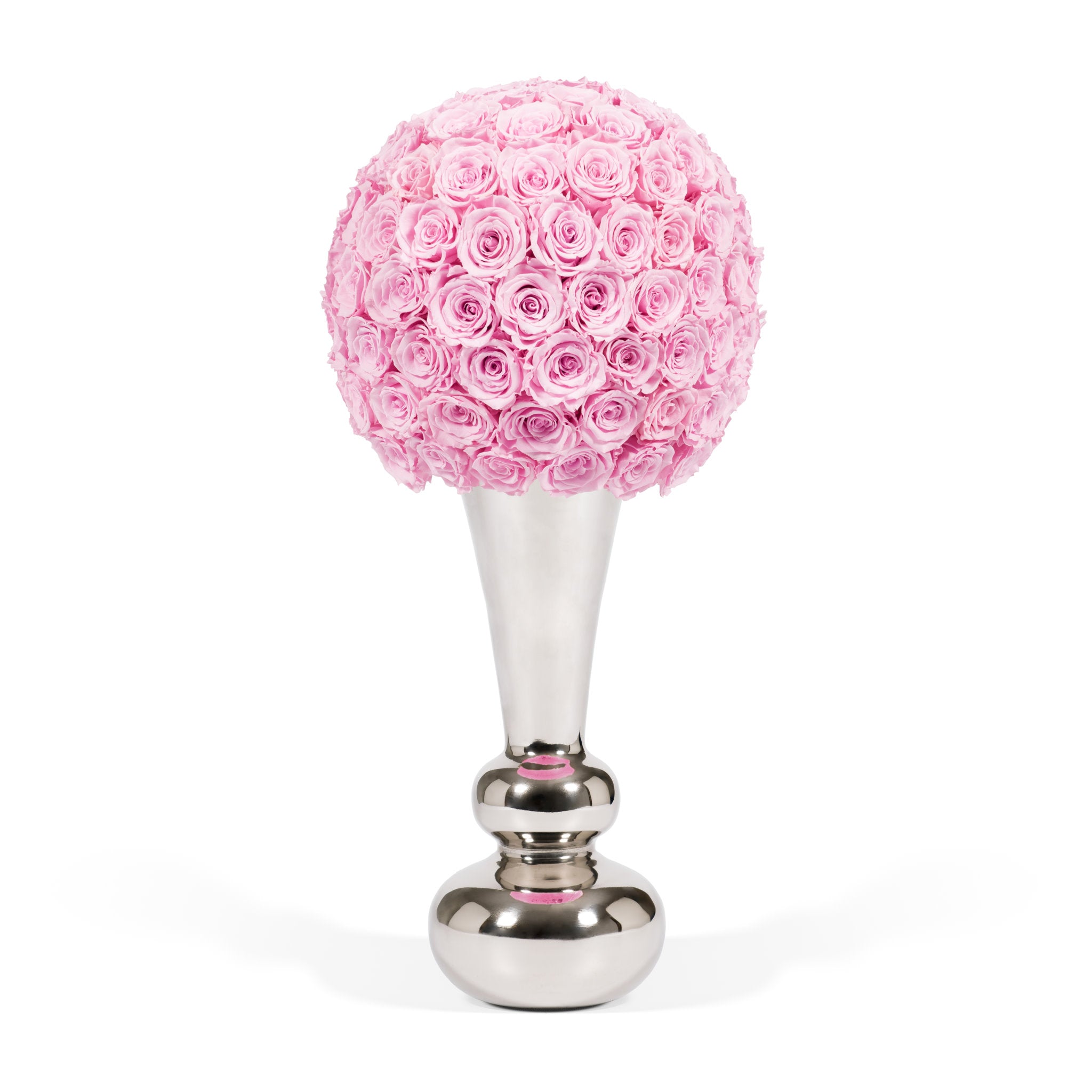 Decorative item with pink rose ball on a silver stand against a white background