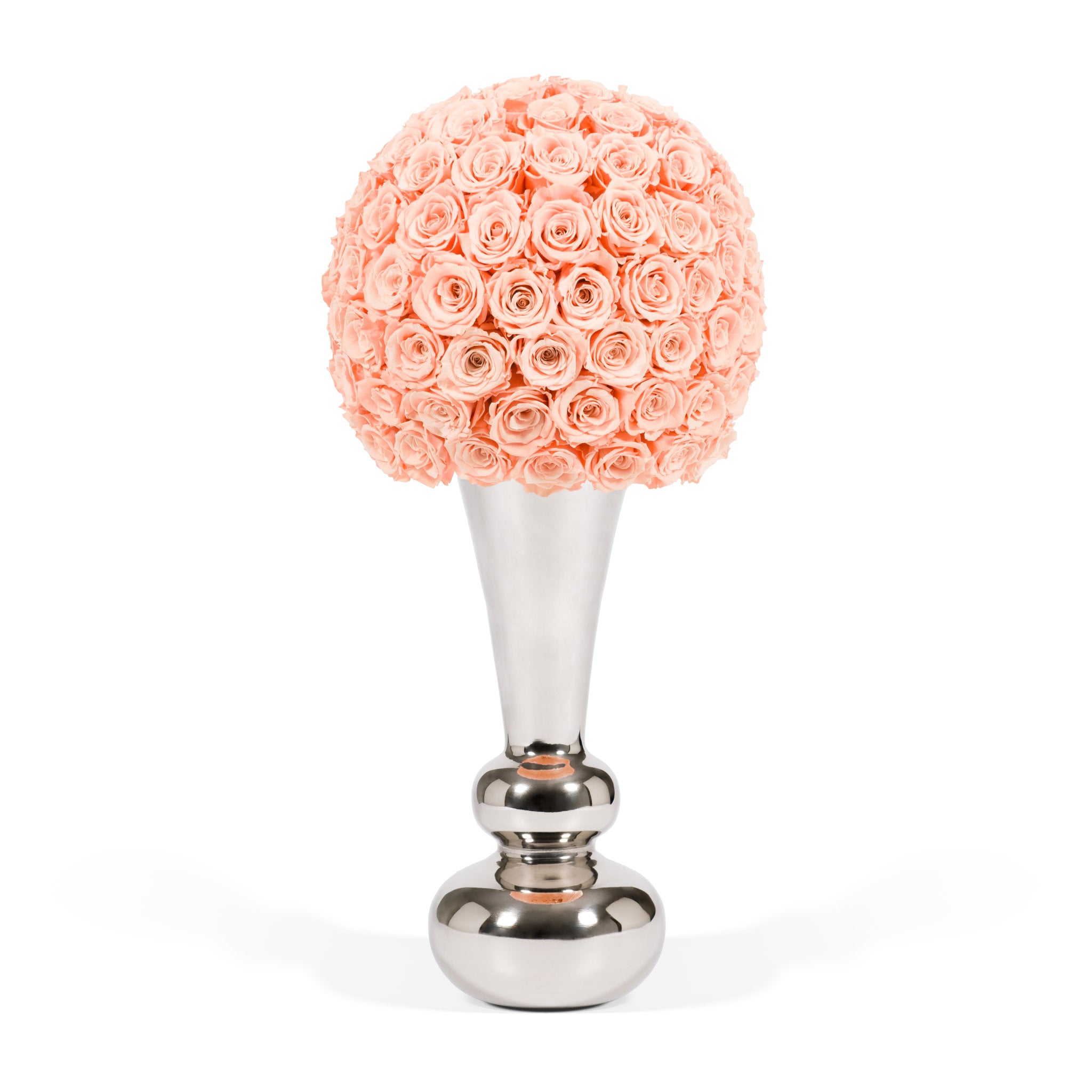 Decorative item with pink rose ball on a silver stand against a white background