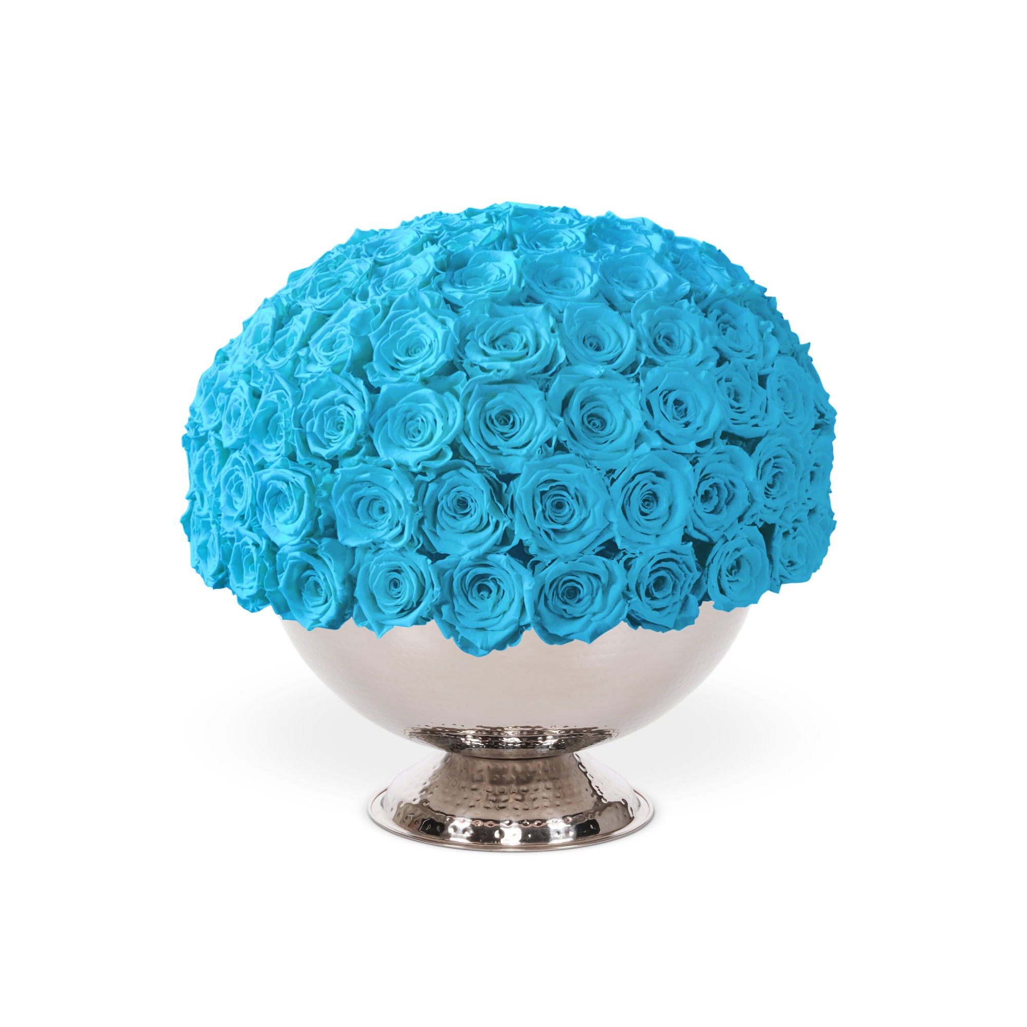 Bouquet of blue roses in a silver vase on a white background