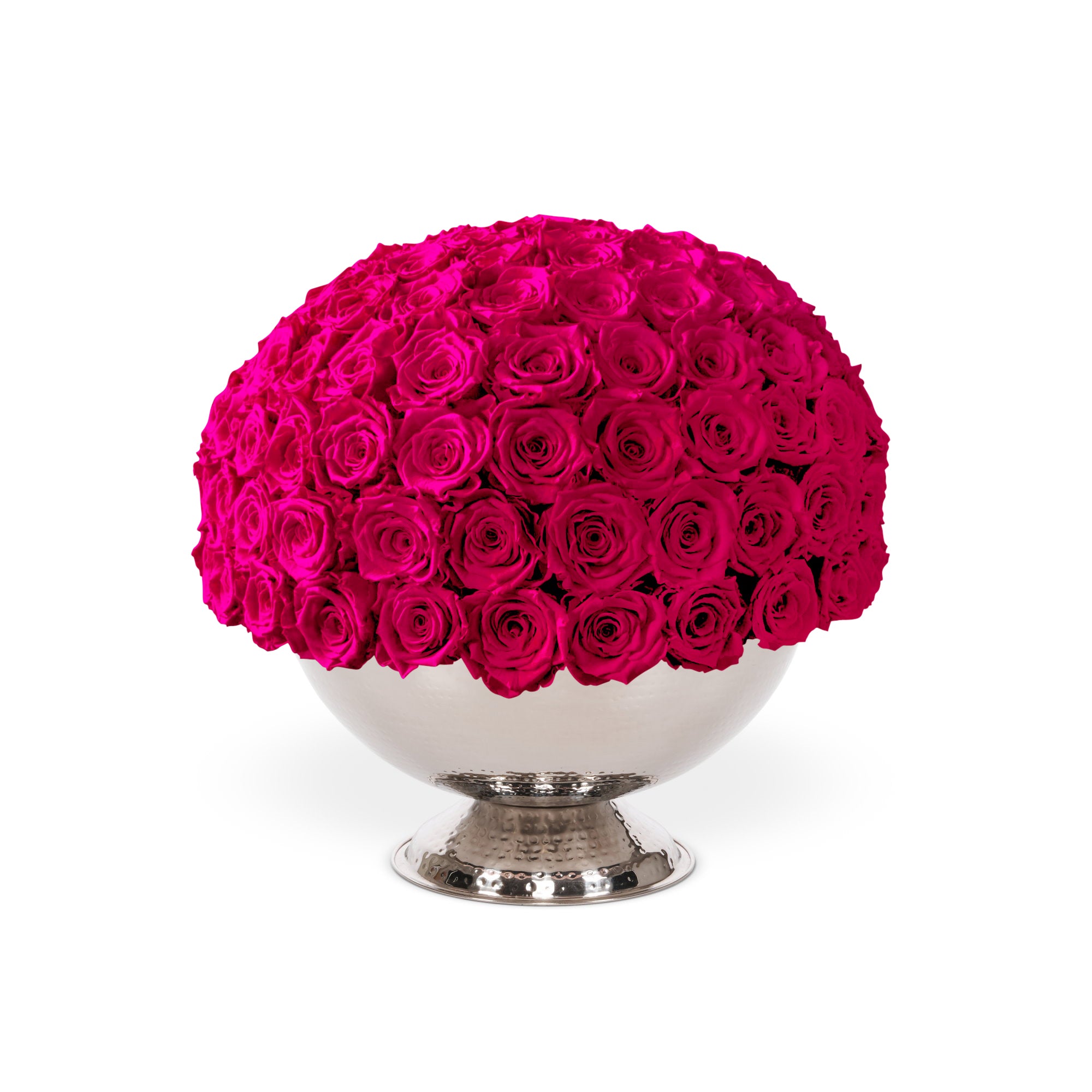 Bouquet of bright pink roses in a white vase on a white background