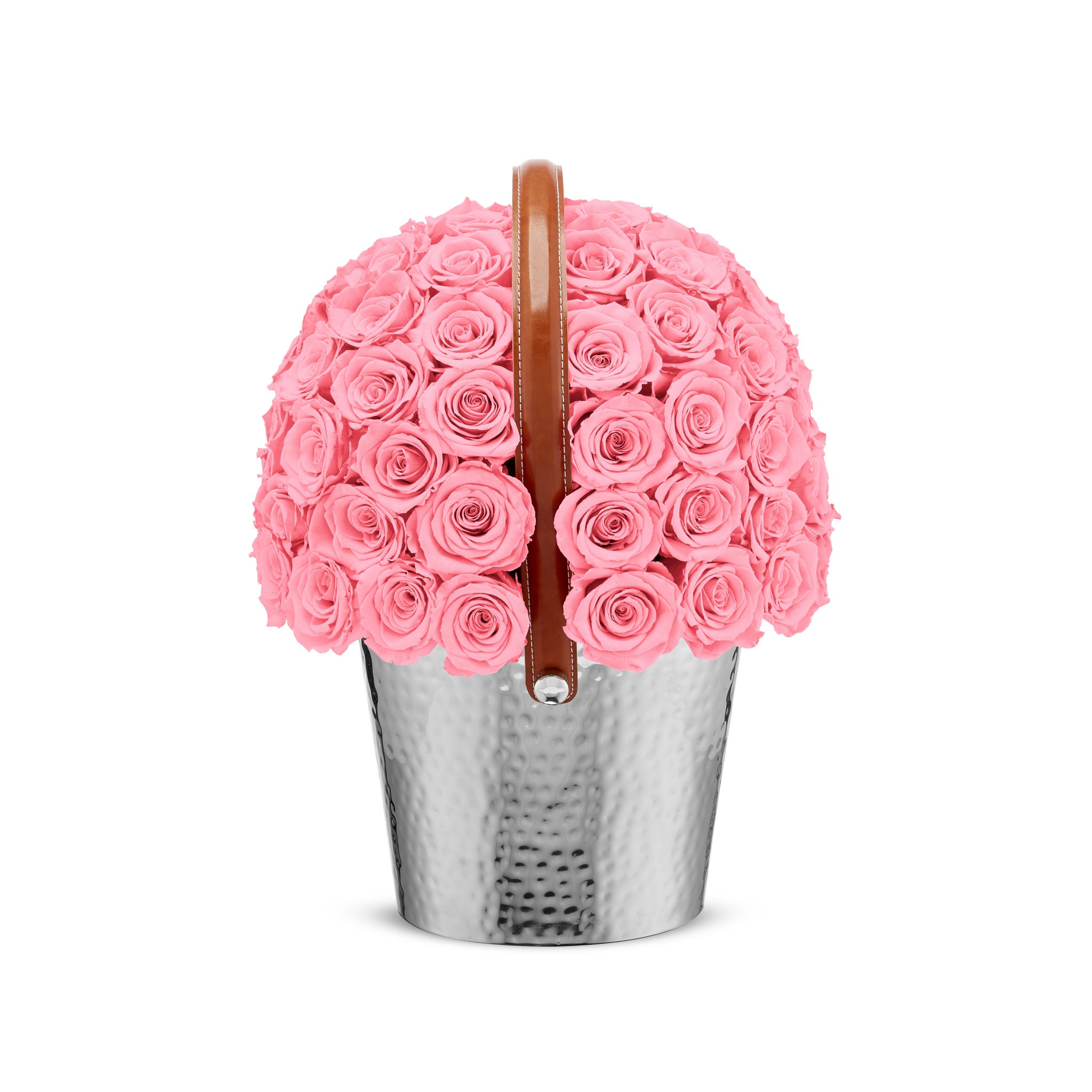 Pink rose basket with a brown handle on a white background