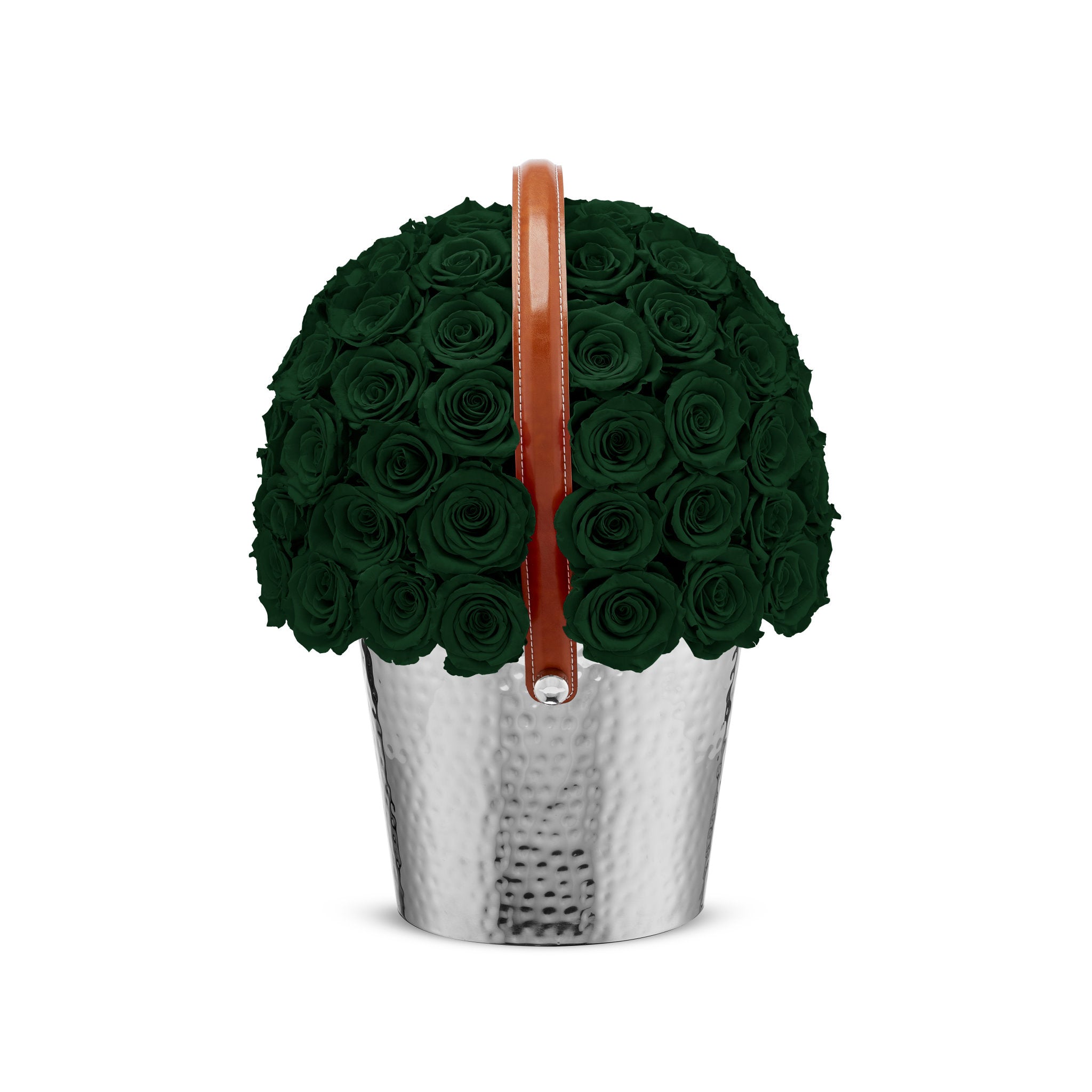 Basket filled with green roses on a white background