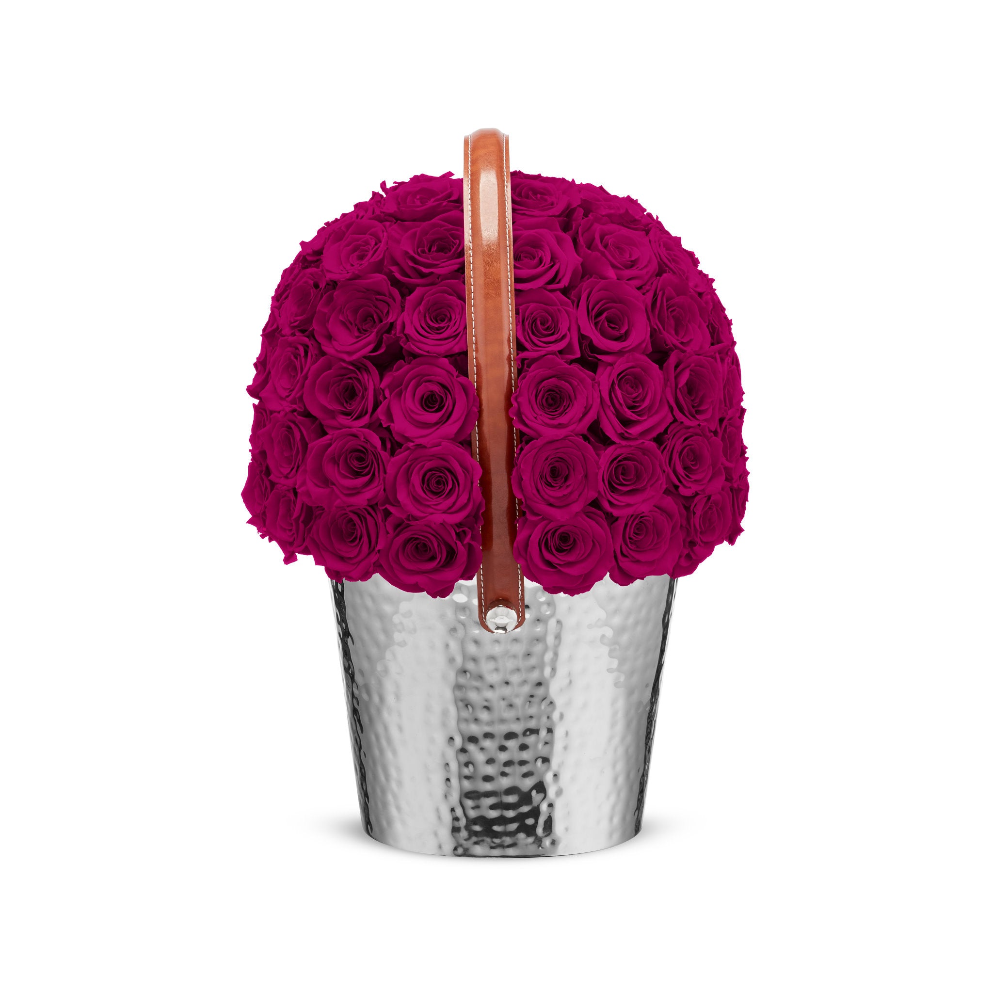 Basler filled with dark pink roses on a white background