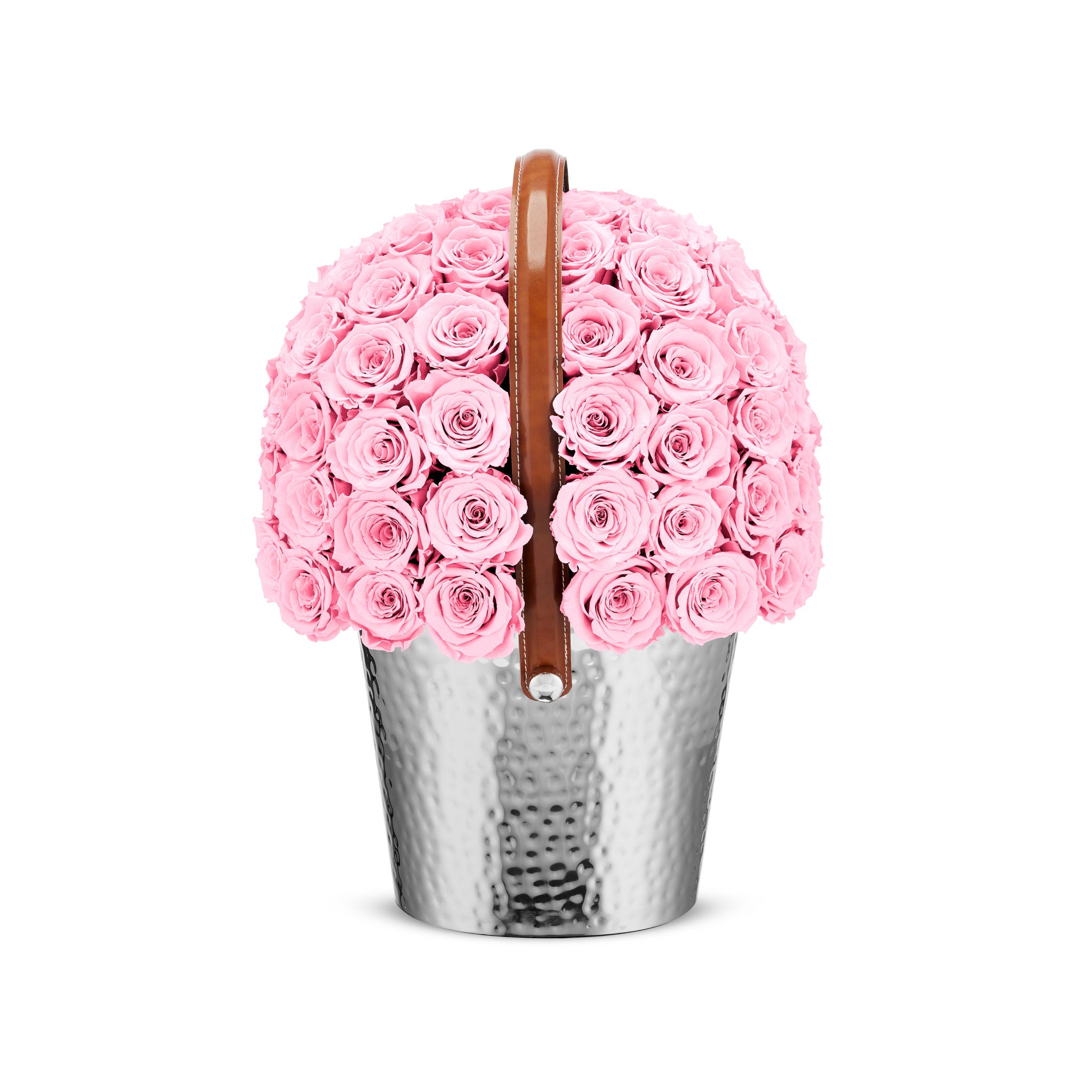 Basket filled with pink roses on a white background