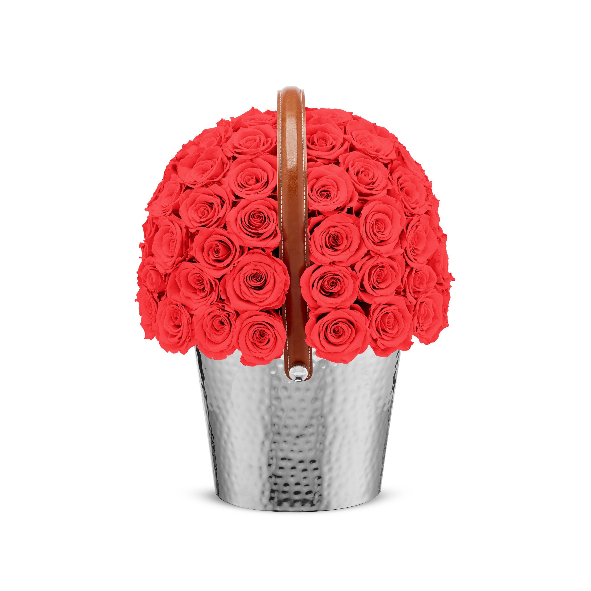 Basket filled with red roses on a white background