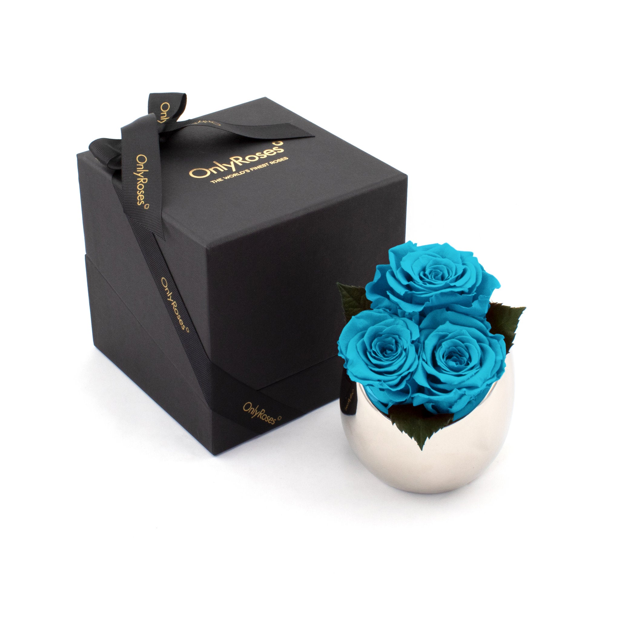 Three blue roses in a silver vase next to an 'Only Roses' branded black box on a white background