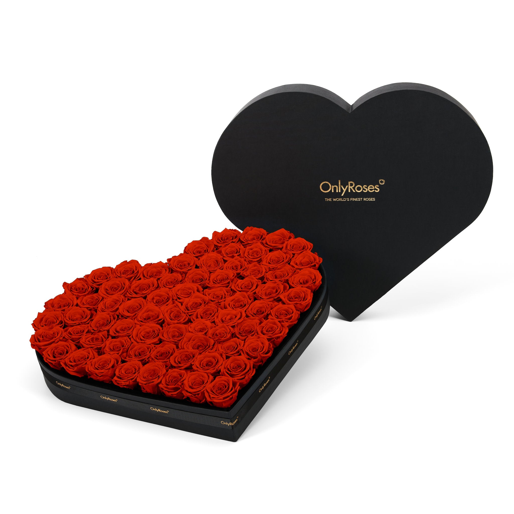 Heart-shaped box of red roses with 'OnlyRoses' branding on a white background