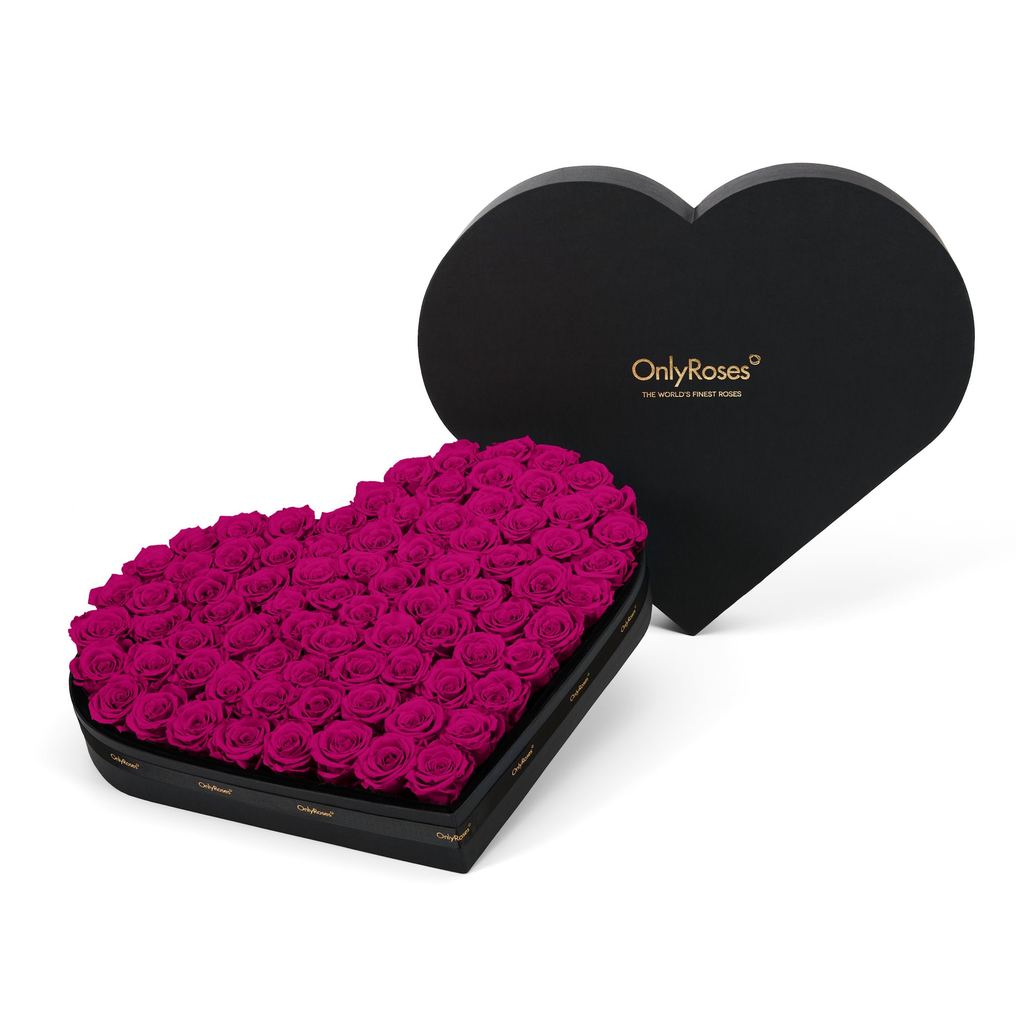Heart-shaped box of pink roses with 'OnlyRoses' branding on a white background