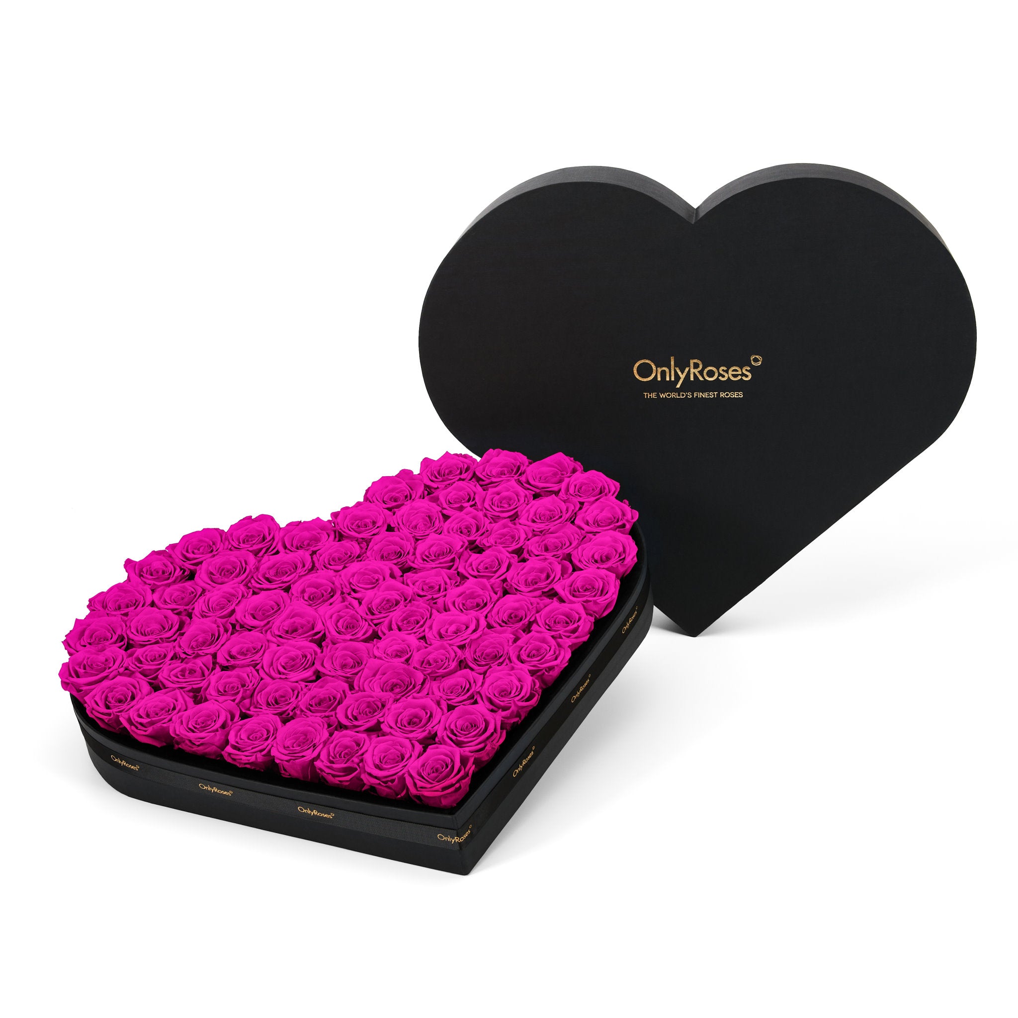Heart-shaped box of pink roses with 'OnlyRoses' branding on a white background