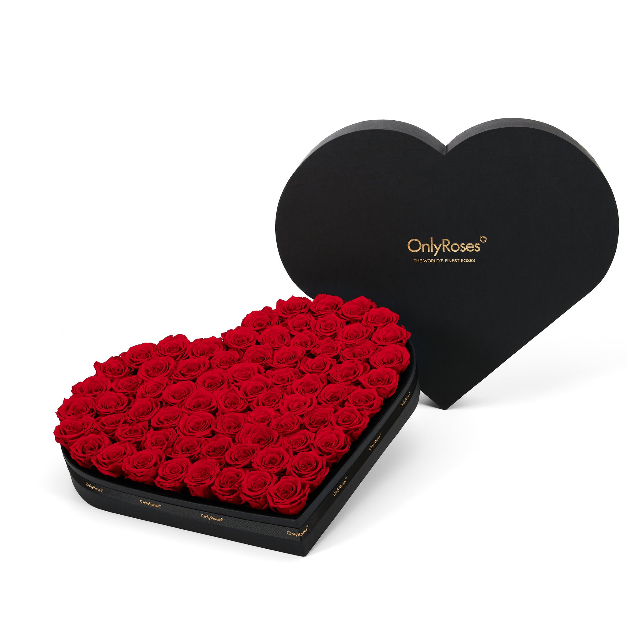 Heart-shaped box of red roses with 'Only Roses' branding on a white background