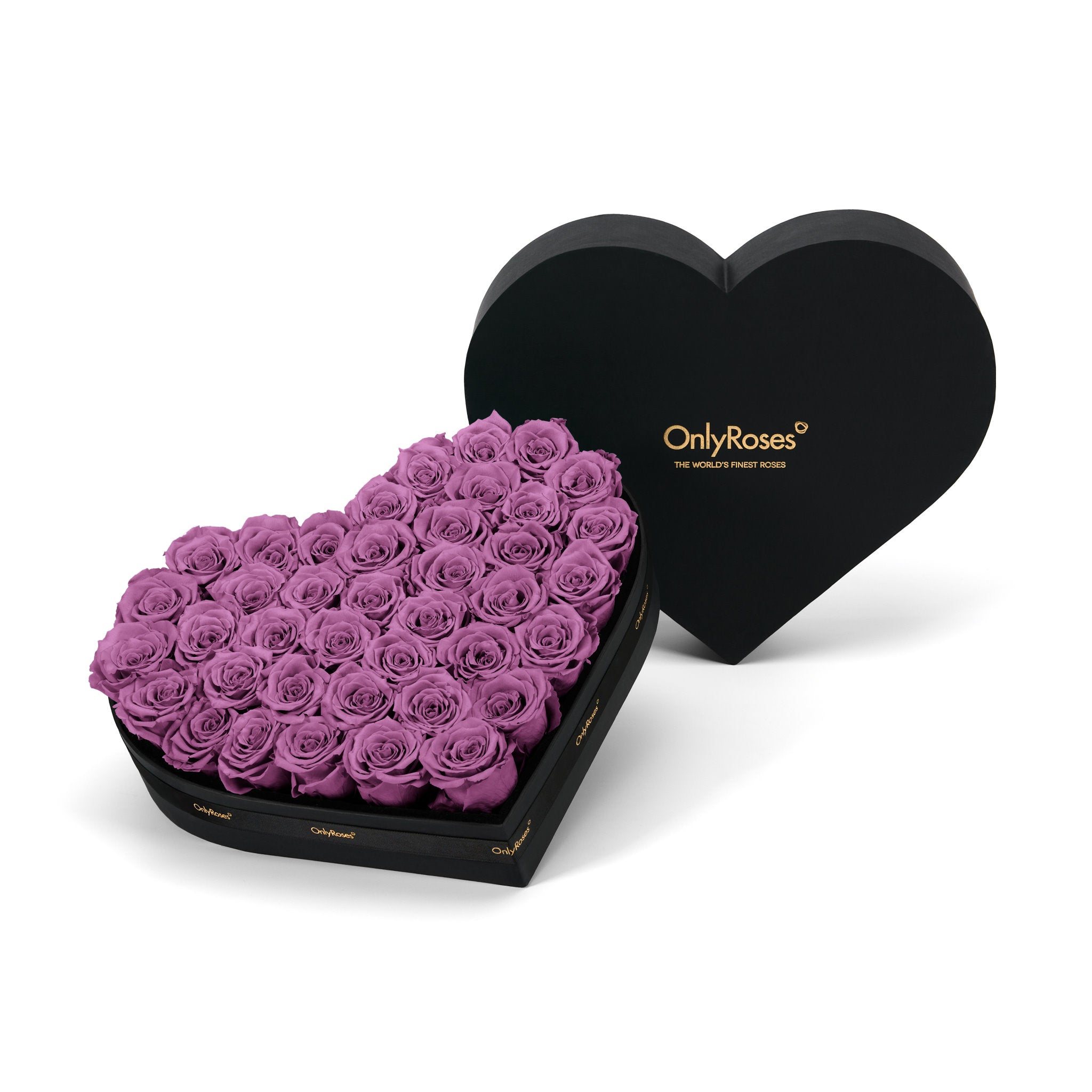 Heart-shaped box of purple roses with 'OnlyRoses' branding on a white background