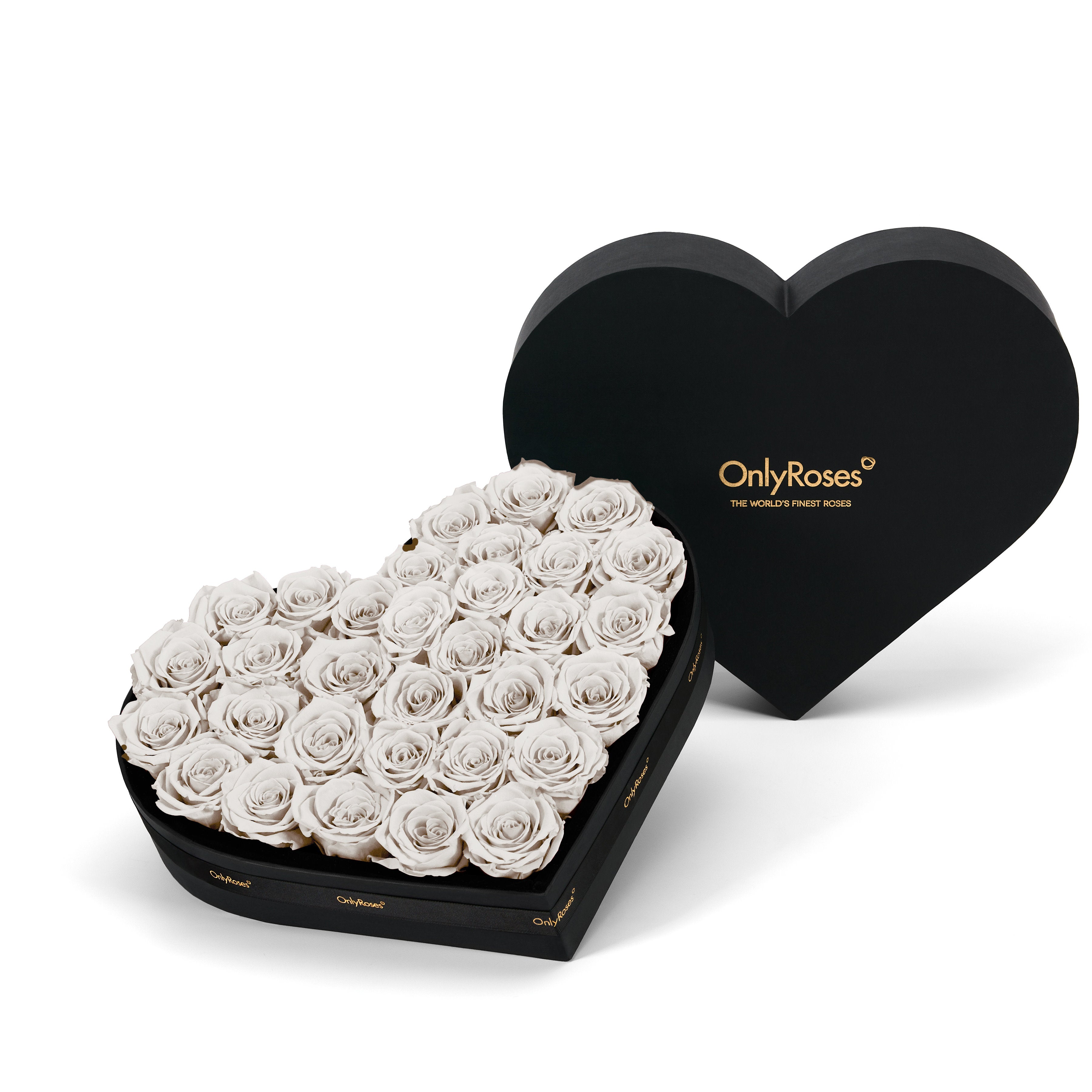 Heart-shaped box of white roses with 'OnlyRoses' branding on a white background