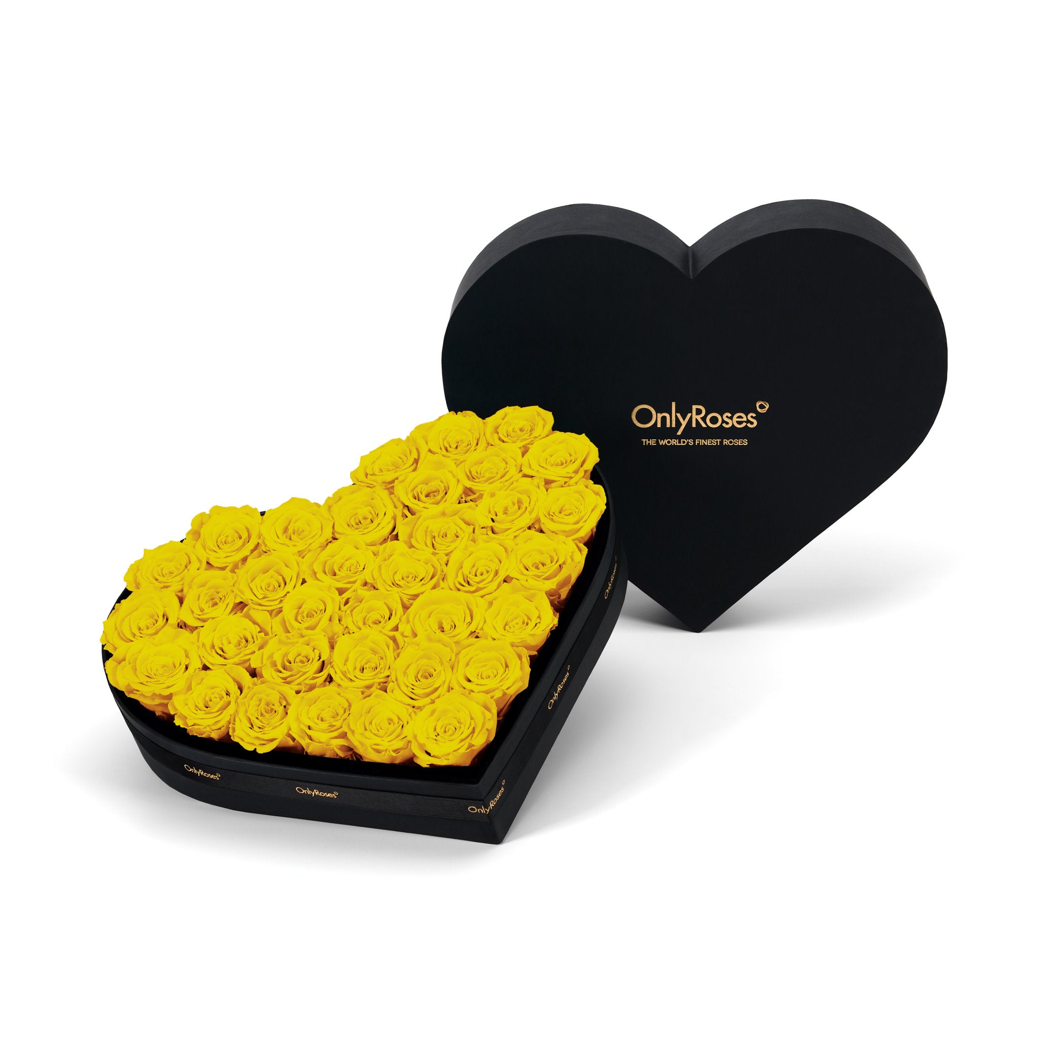 Heart-shaped box of yellow roses with 'OnlyRoses' branding on a white background