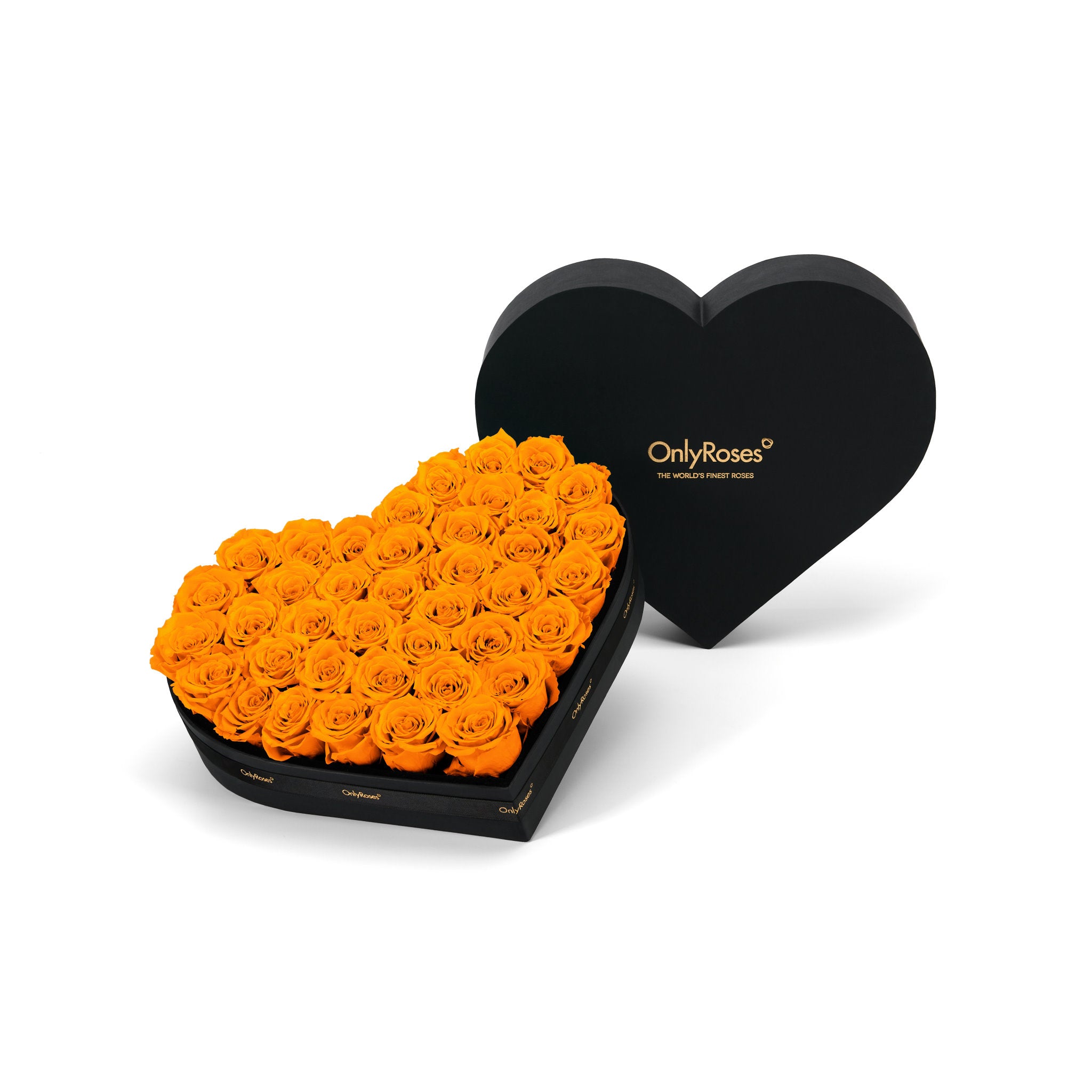Heart-shaped box of orange roses with a black heart-shaped container on a white background