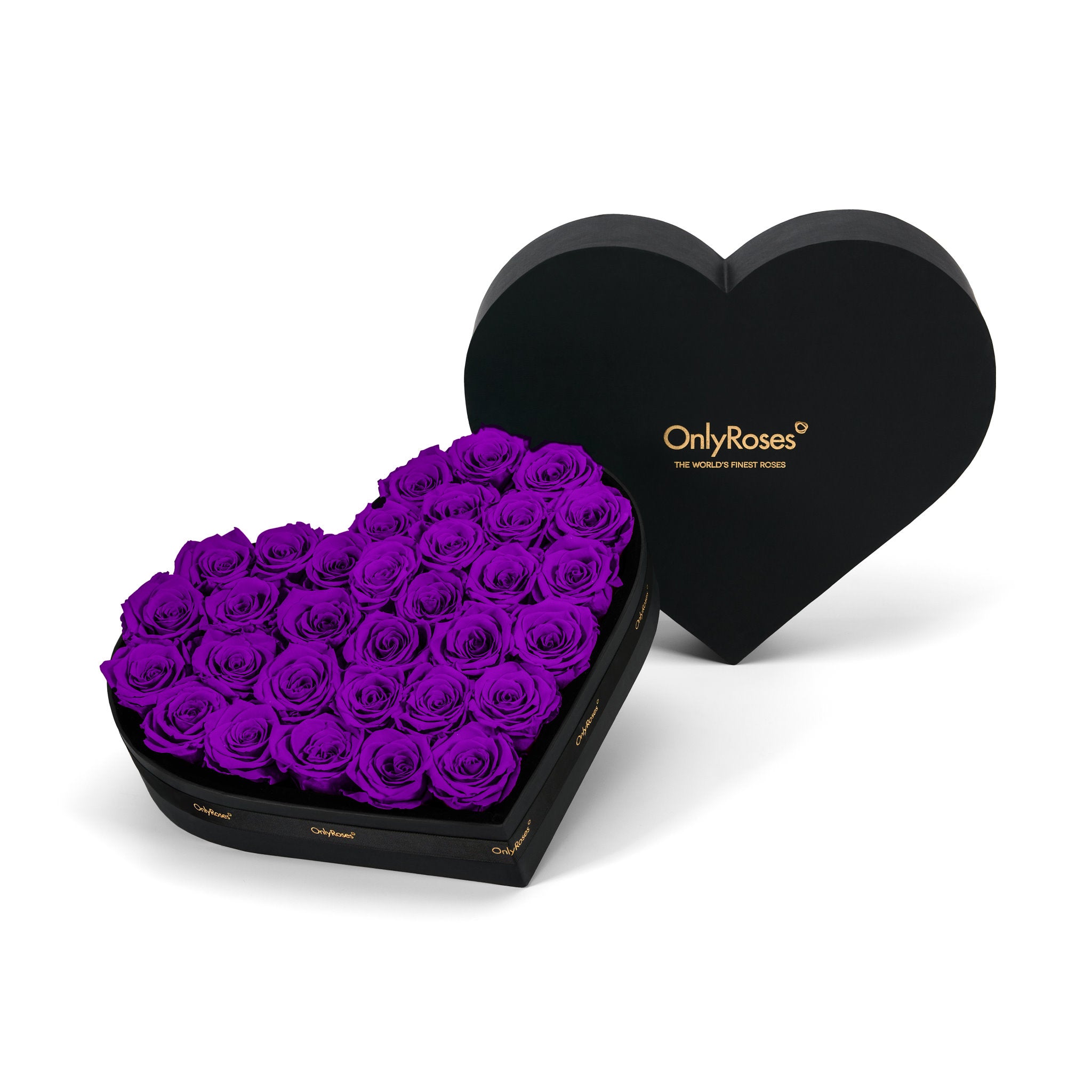 Heart-shaped box of purple roses with 'OnlyRoses' branding on a white background