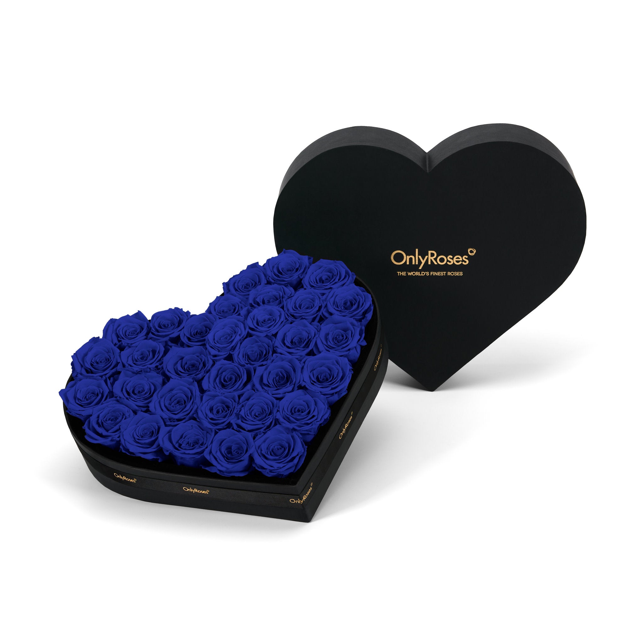 Heart-shaped box of blue roses with 'OnlyRoses' branding on a white background
