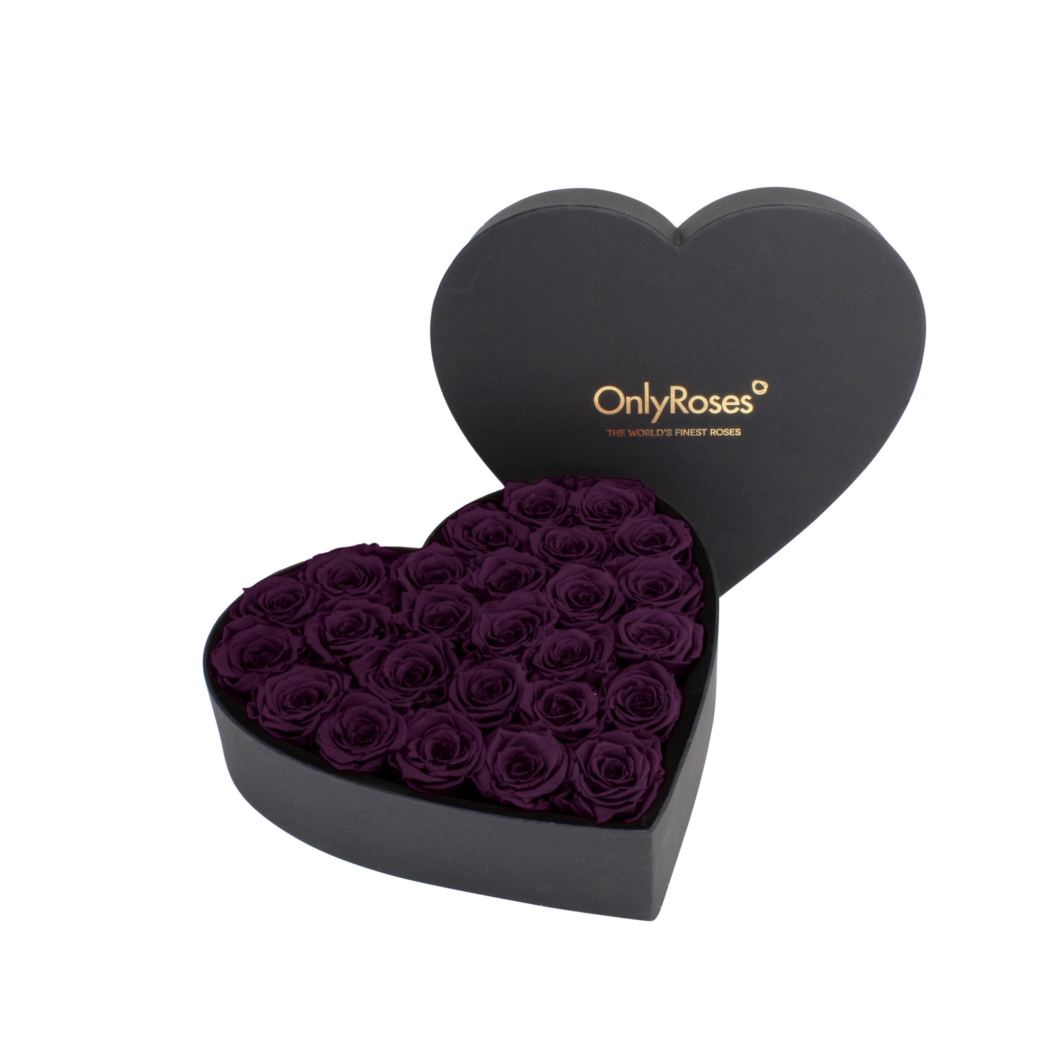 Heart-shaped box of purple roses with 'OnlyRoses' branding on a white background