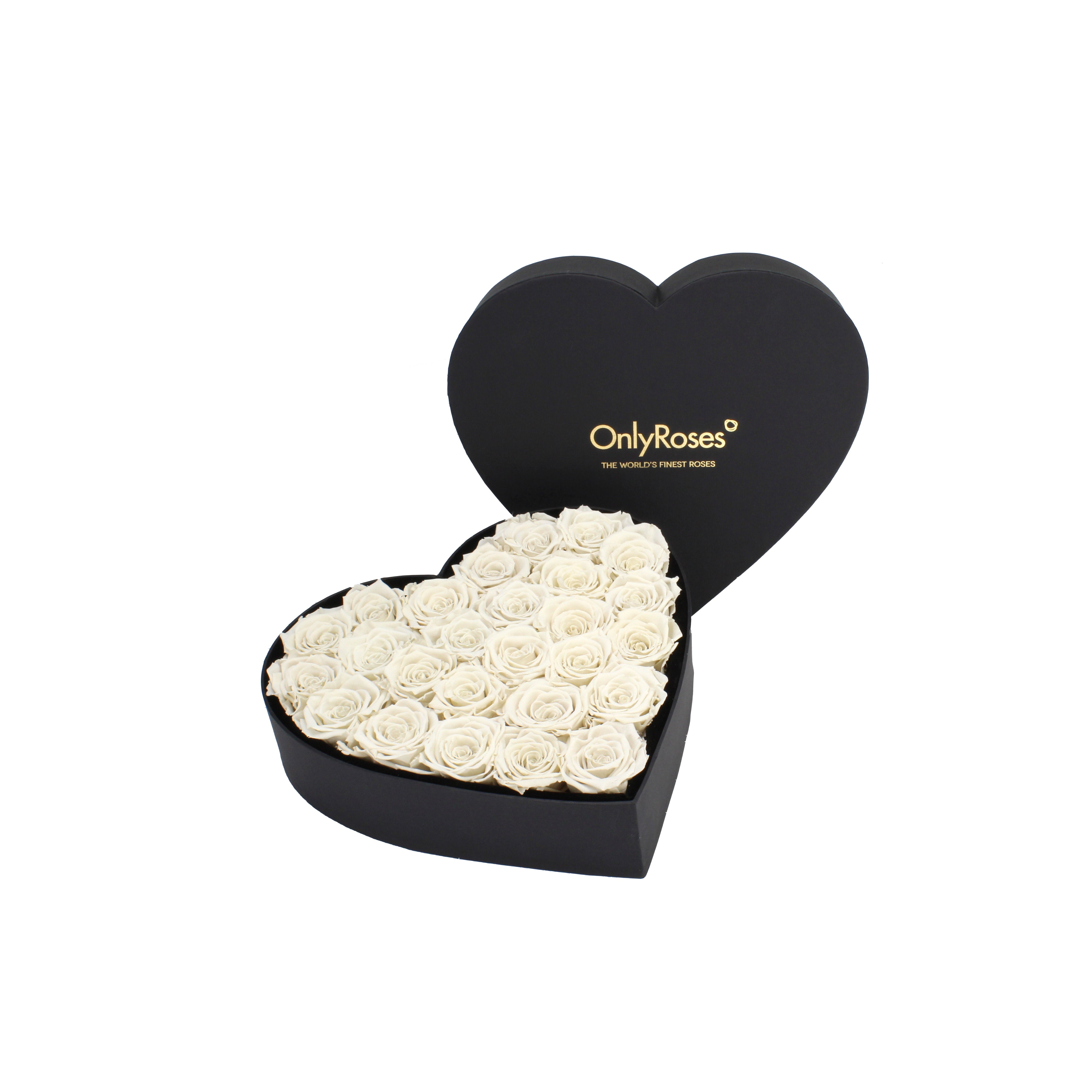 Heart-shaped black box with white roses and 'OnlyRoses' branding on a white background