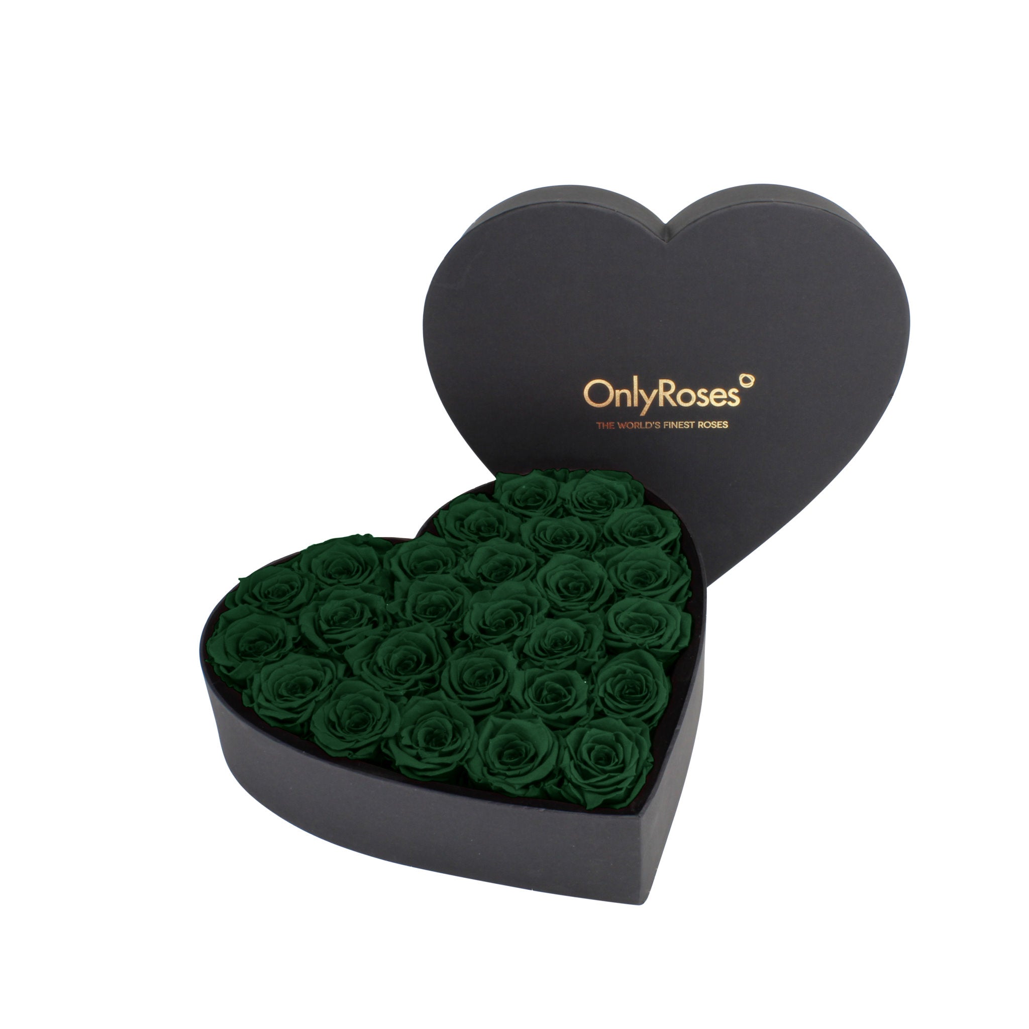 Heart-shaped box of green roses with 'OnlyRoses' branding on a white background
