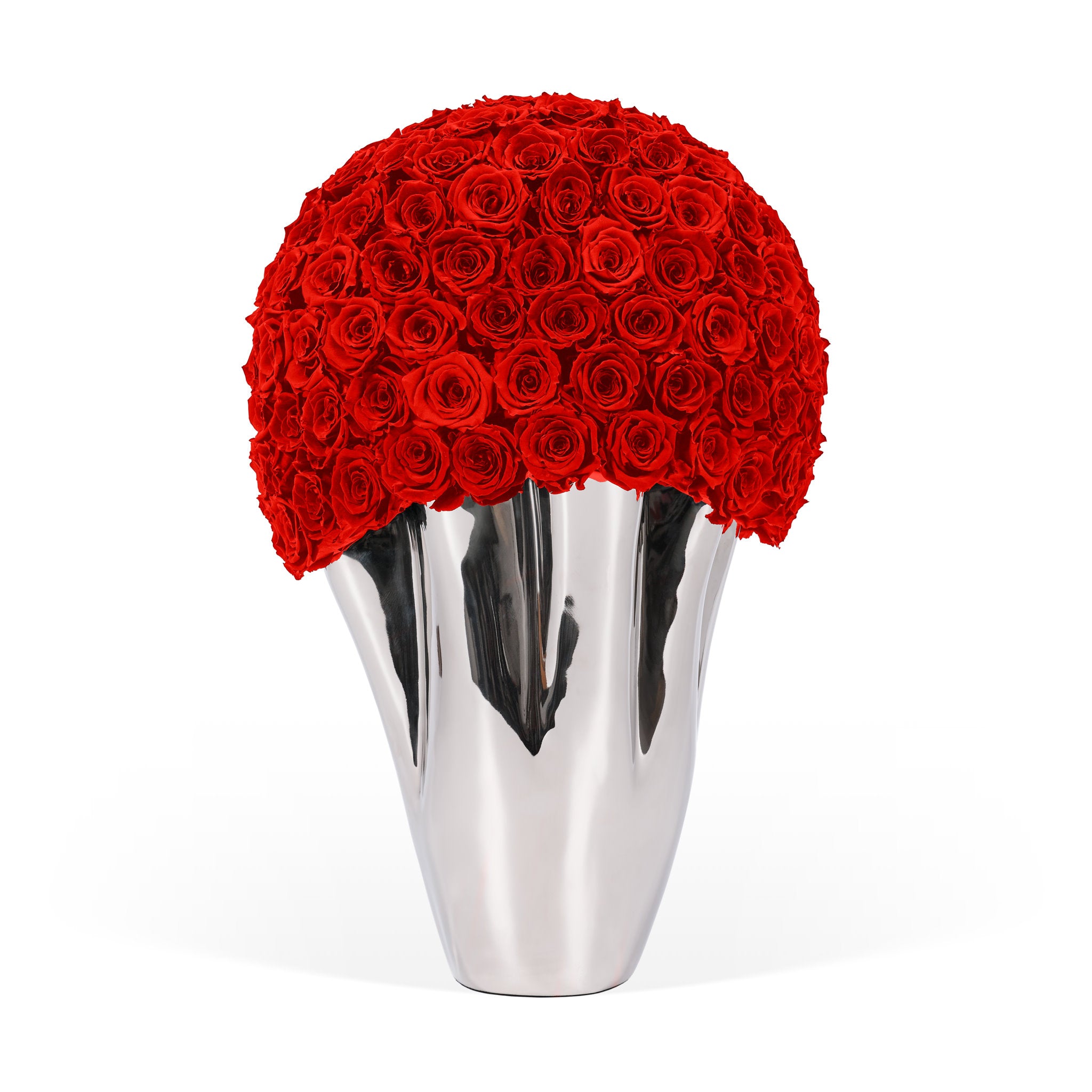 Silver vase with a large bouquet of red roses on a white background