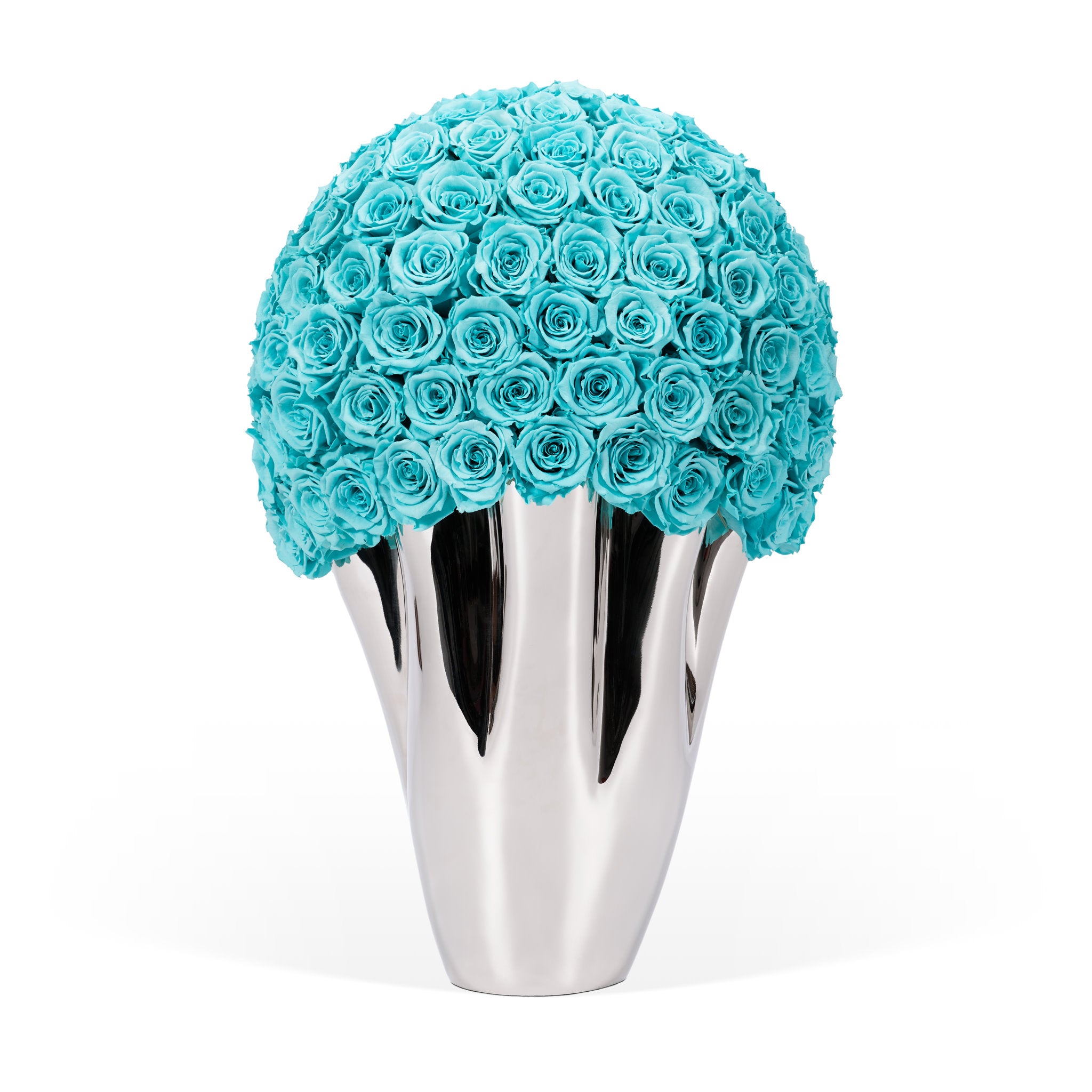 Silver vase with turquoise roses on a white background