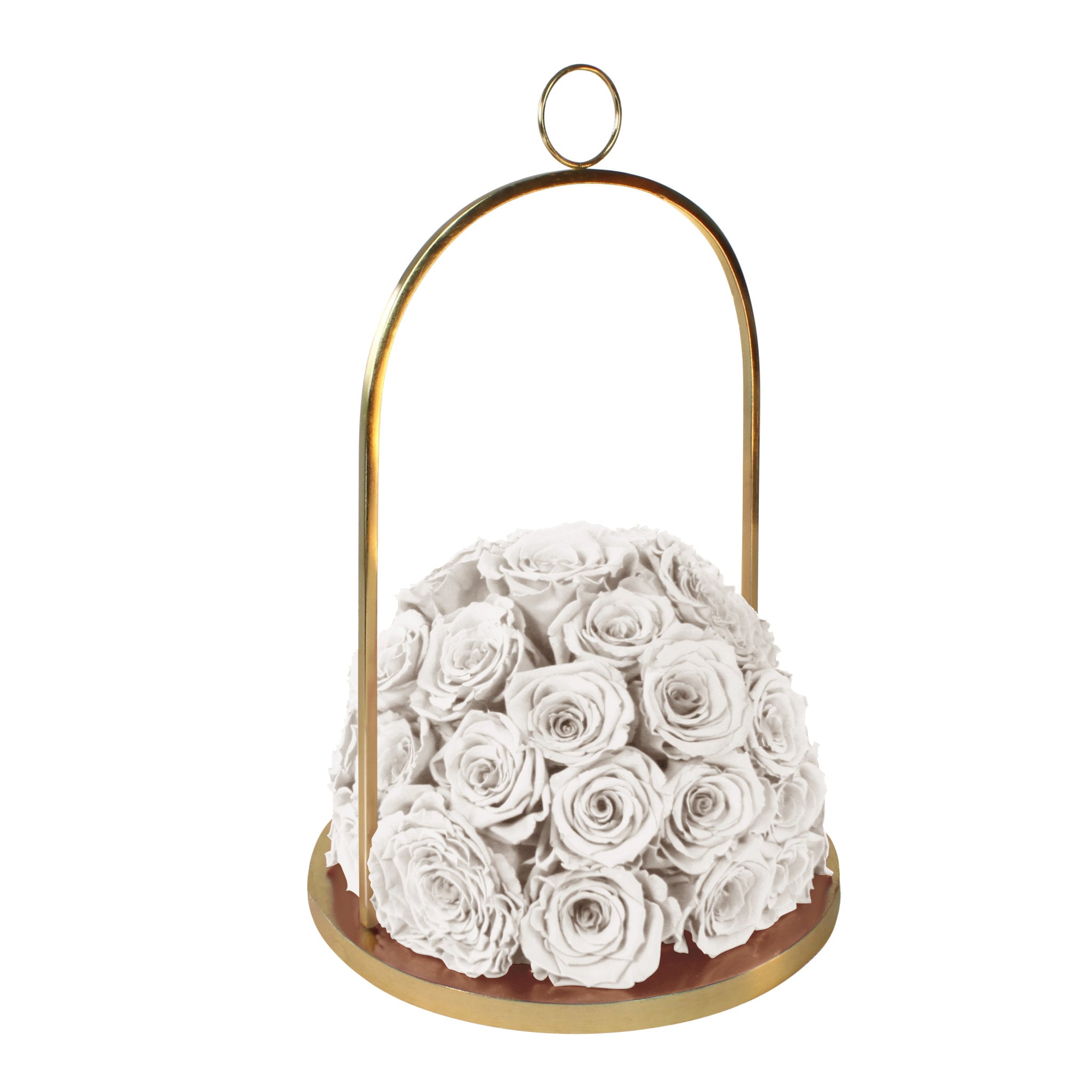 Decorative holder with white roses on a white background