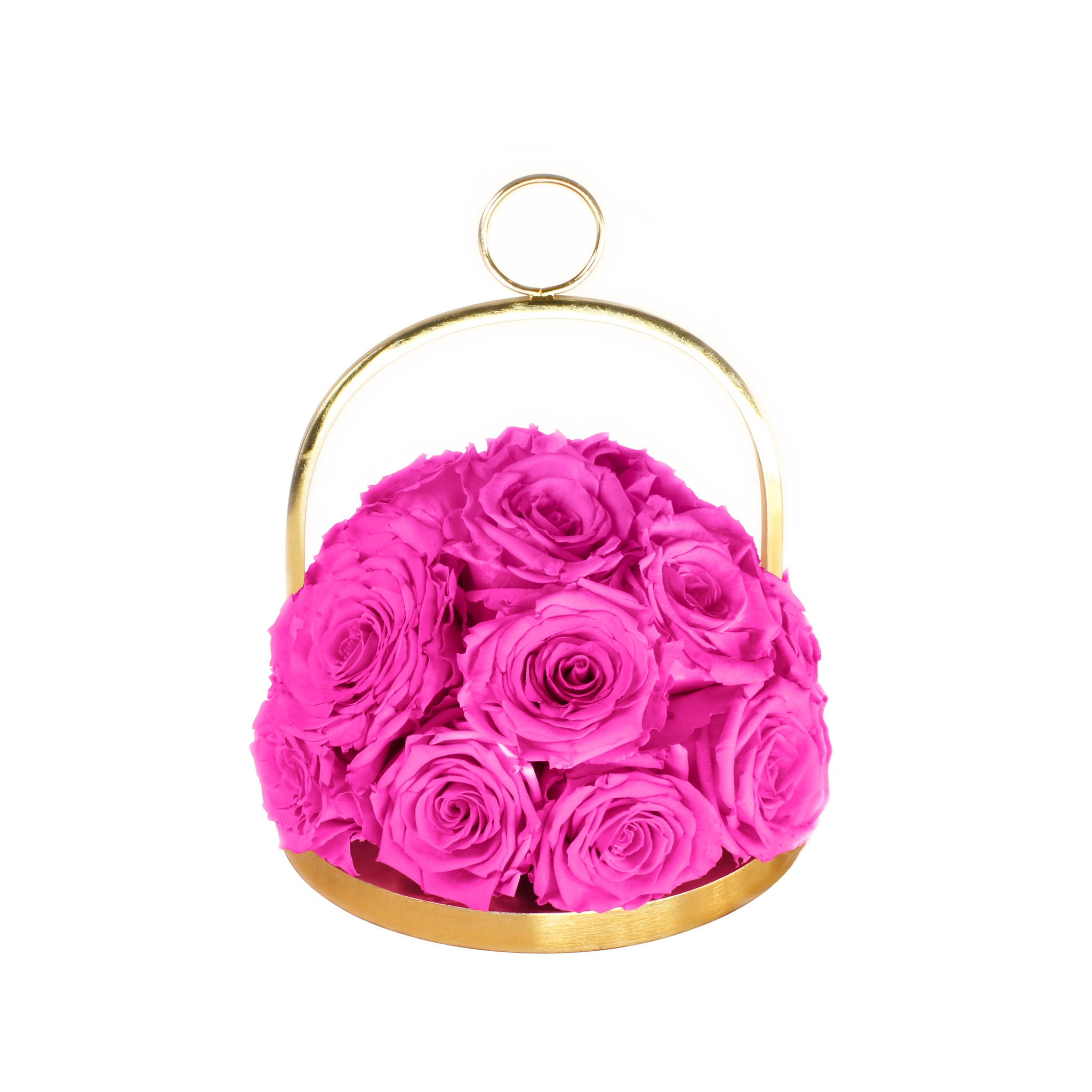 Pink roses in a gold metal basket on a white background