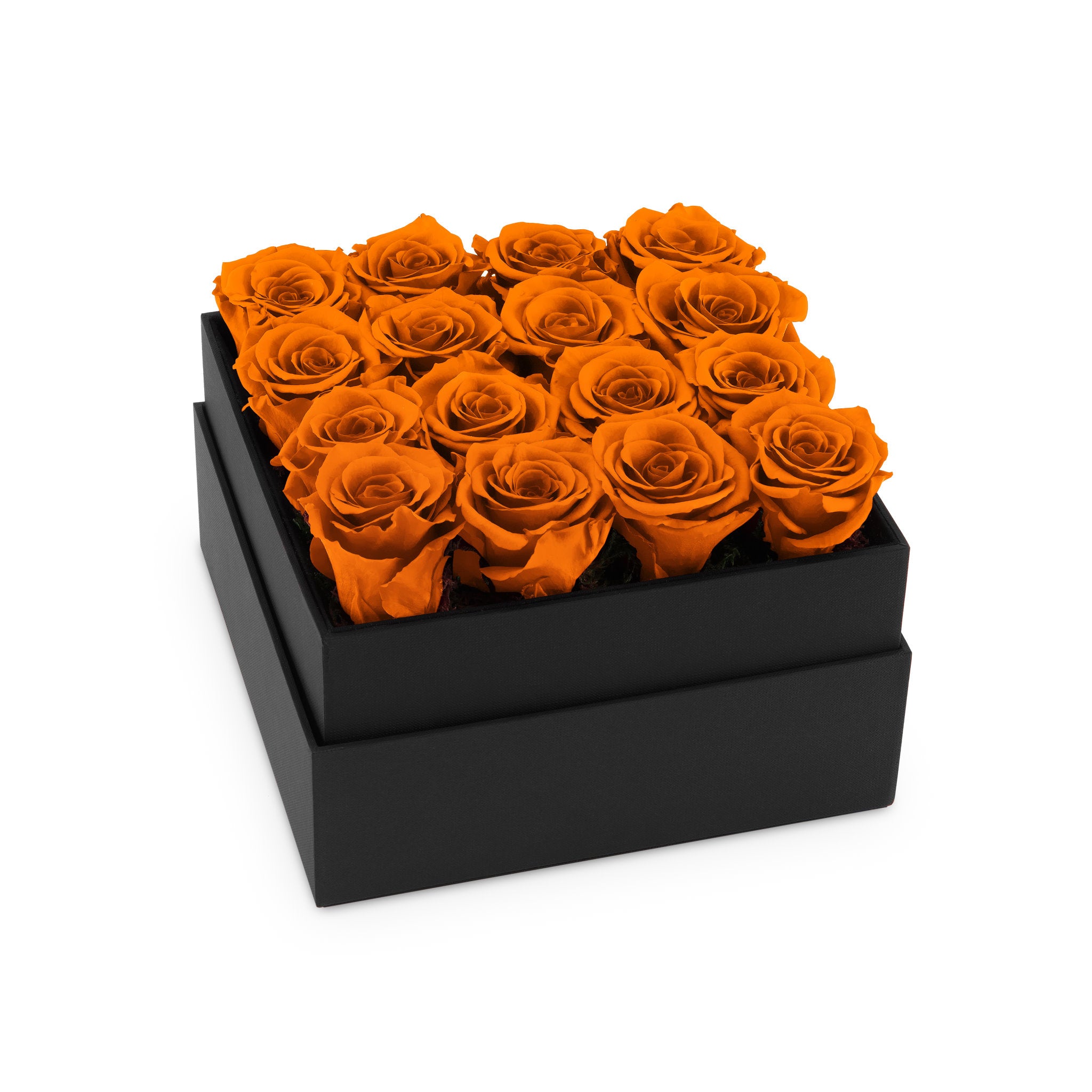 Black box with orange roses on a white background