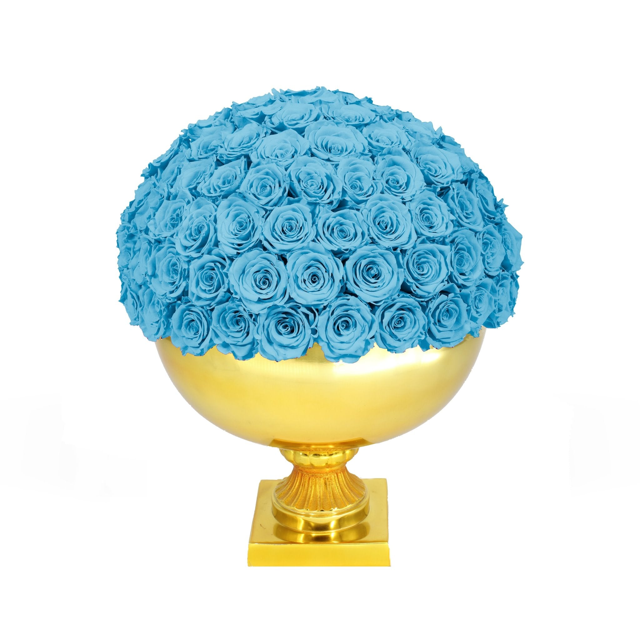 Blue roses on a gold spherical base against a white background
