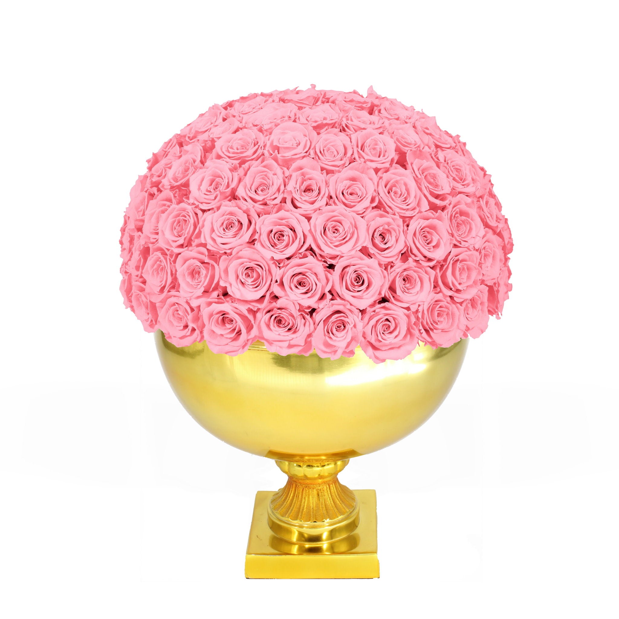 Pink rose ball on a gold pedestal against a white background