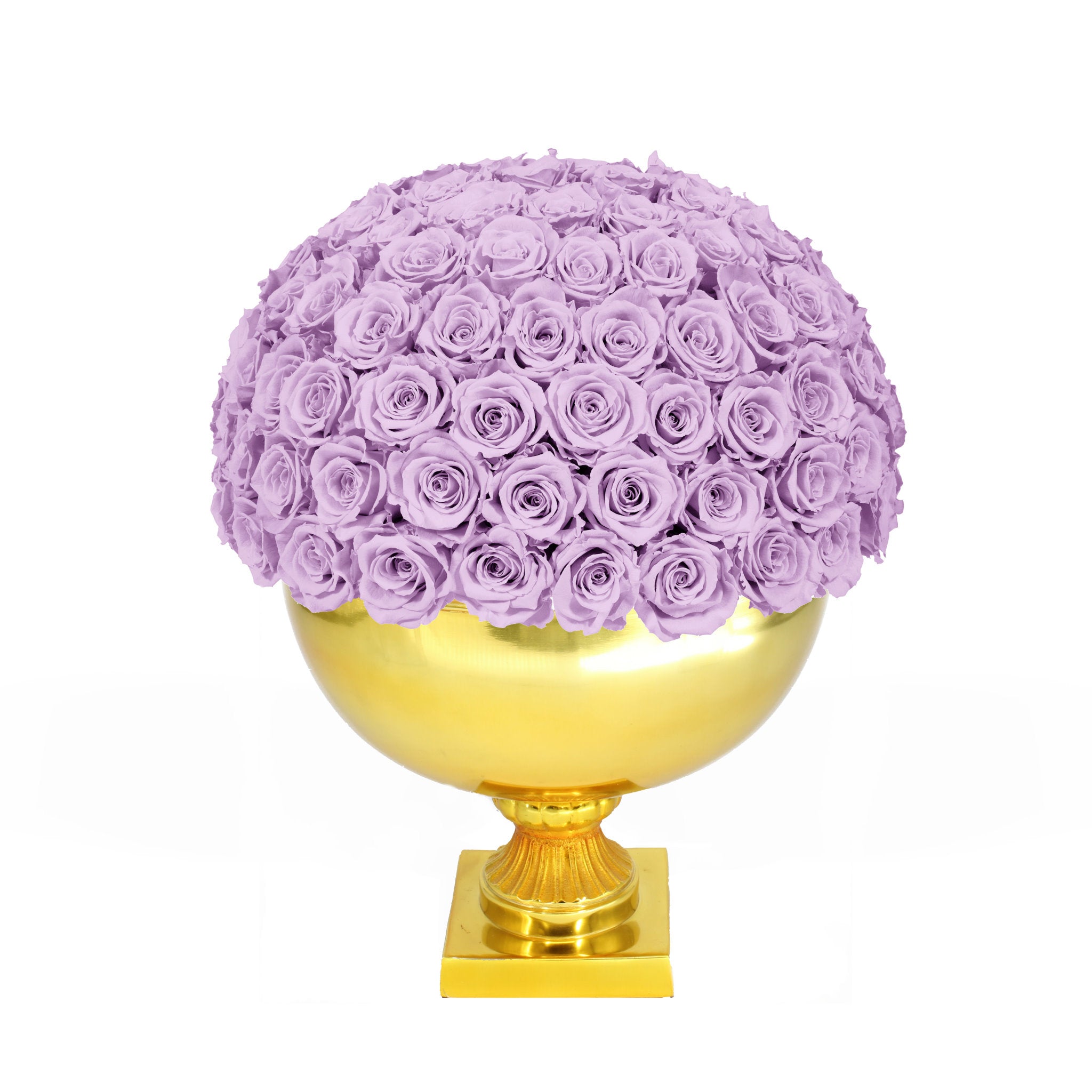 Purple roses arranged in a gold spherical vase on a white background